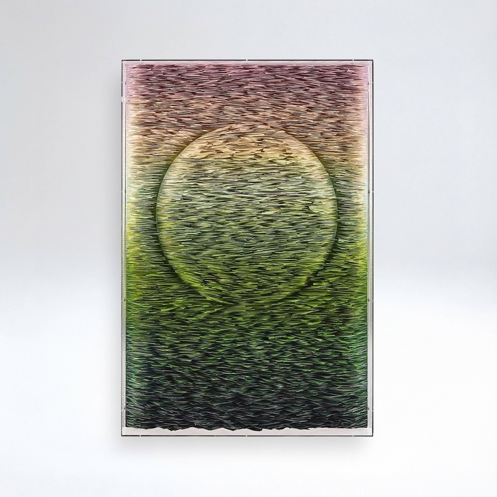 Rejuvenation dimensional wall art featuring textured, layered design with vibrant green and pink hue.