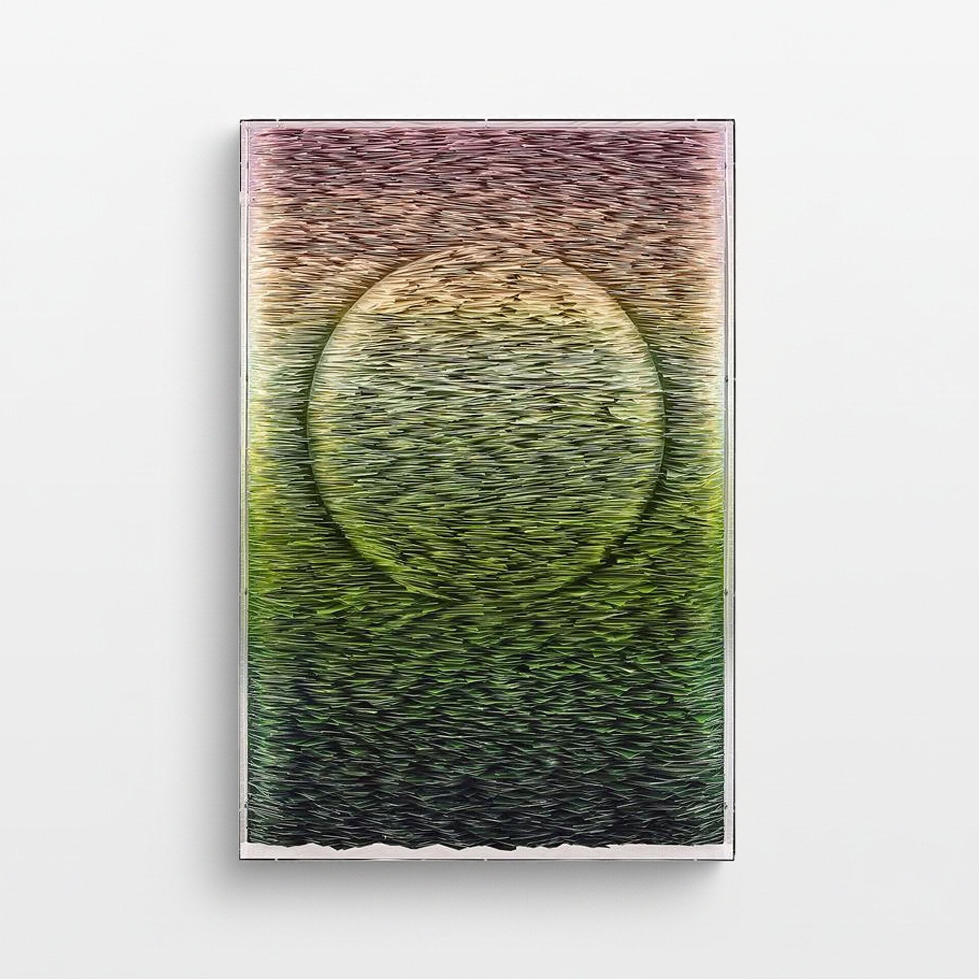 Rejuvenation dimensional wall art featuring textured, layered design with vibrant green and pink hue.