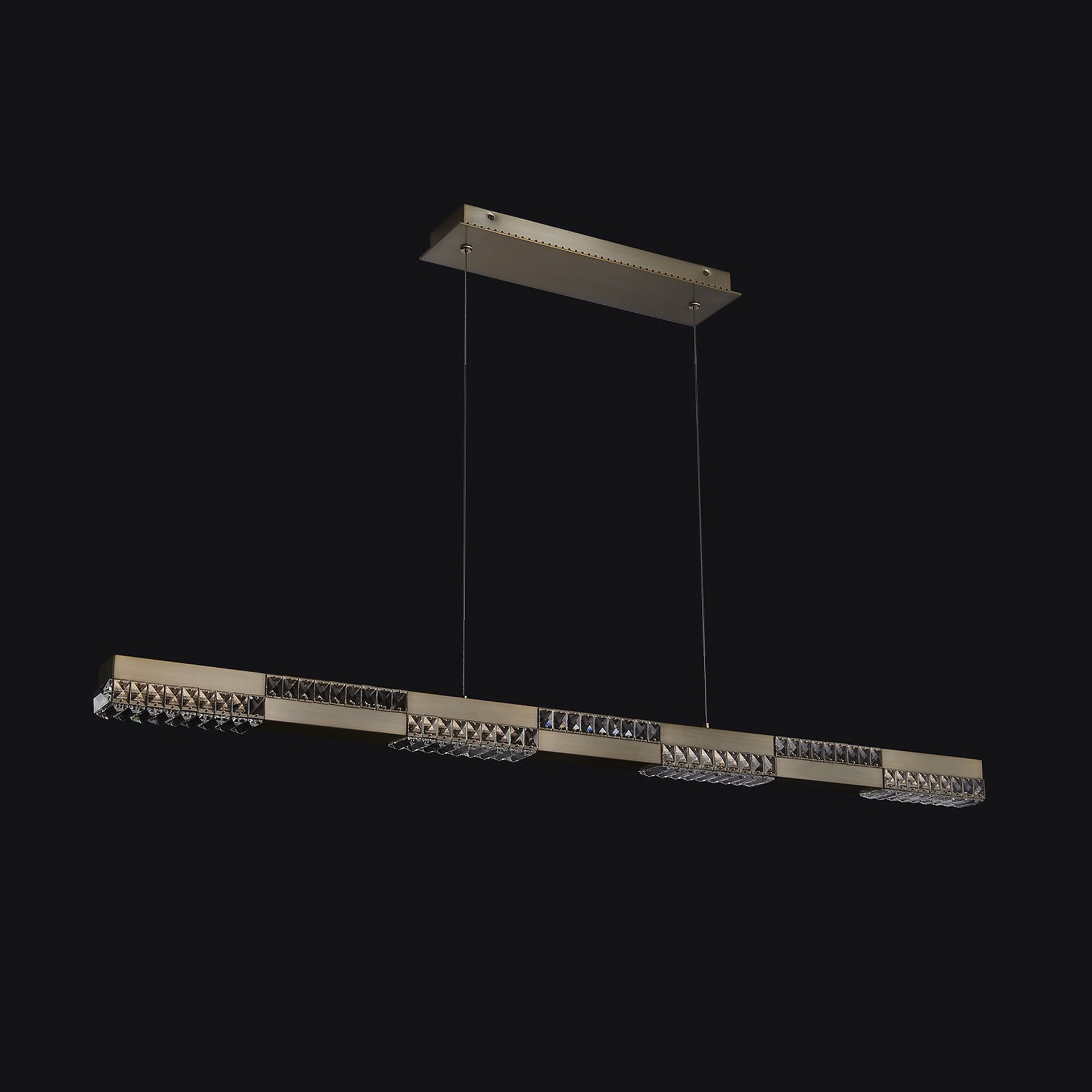 Elegant Dama 60-inch crystal island pendant lighting fixture. Perfect for modern kitchens and dining.