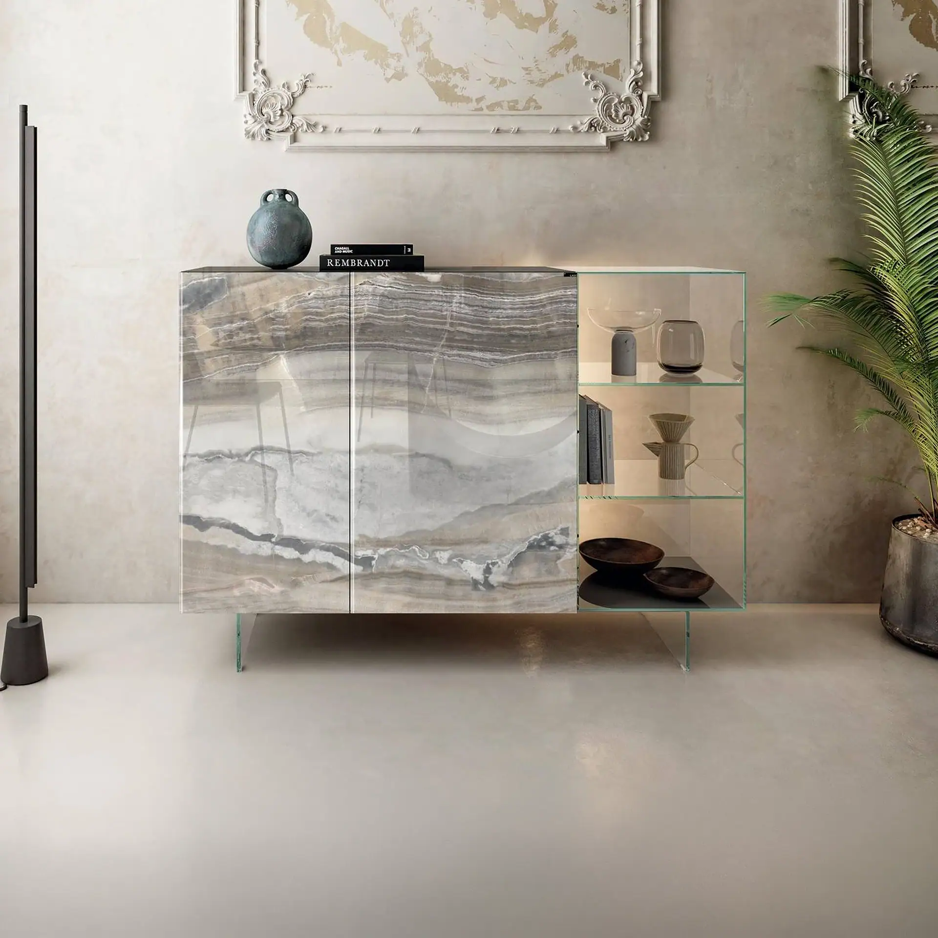 Sklar Furnishings glass sideboard with marble finish and glass shelves in a modern room.