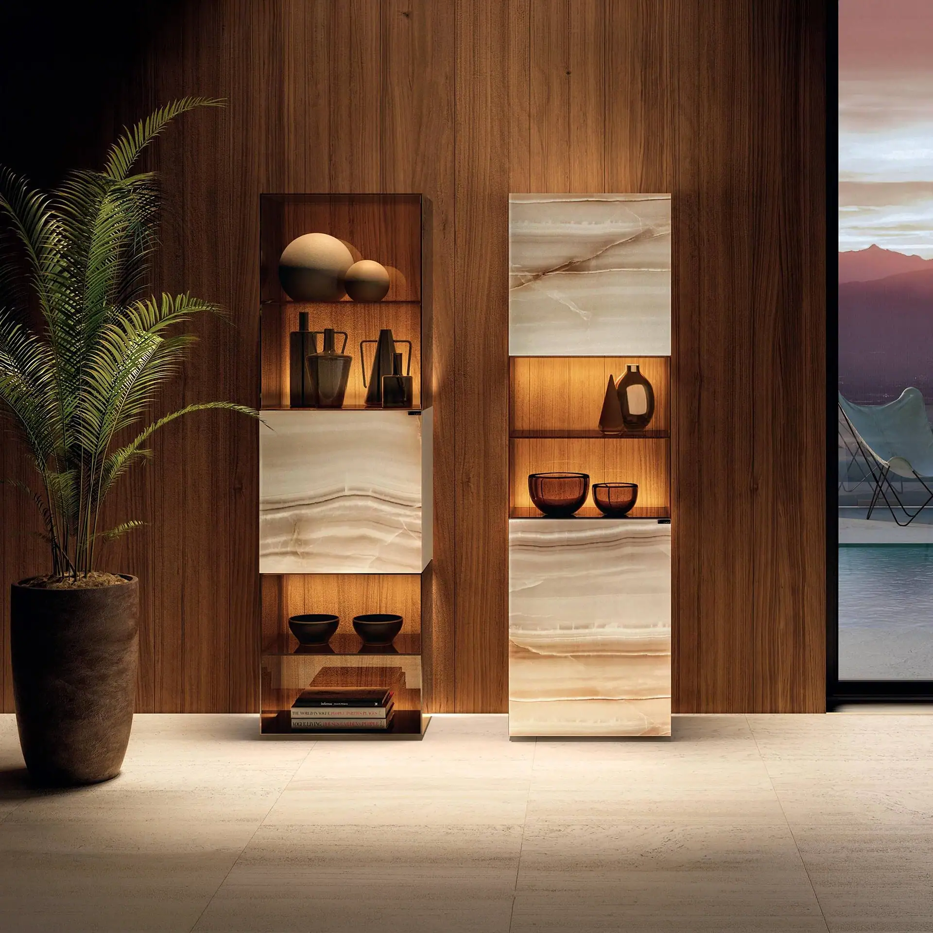 Glass sideboard with wooden accents and decorative items in a modern interior.