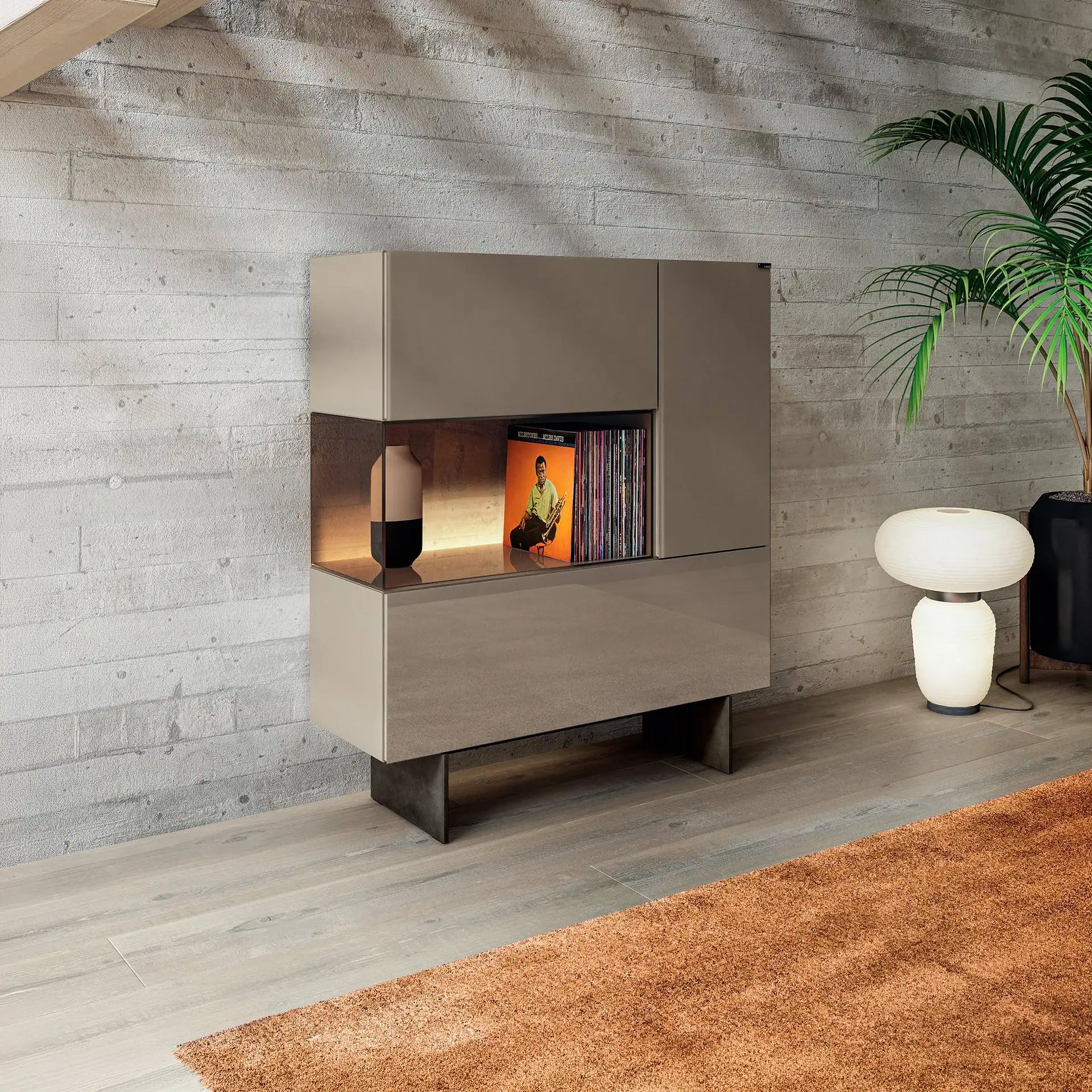 Sklar Furnishings glass sideboard with open shelf and closed cabinets.