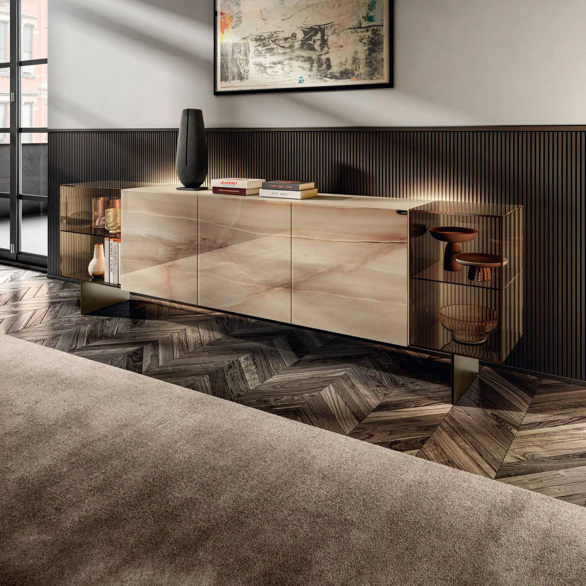 Sklar Furnishings modular glass sideboard in a modern living room.