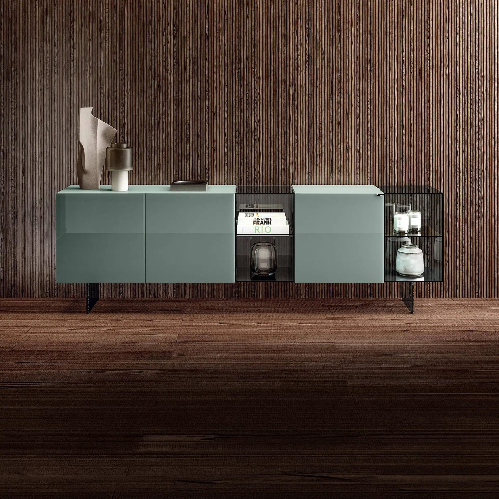 Sklar Furnishings modular glass sideboard with storage compartments and decorative items.