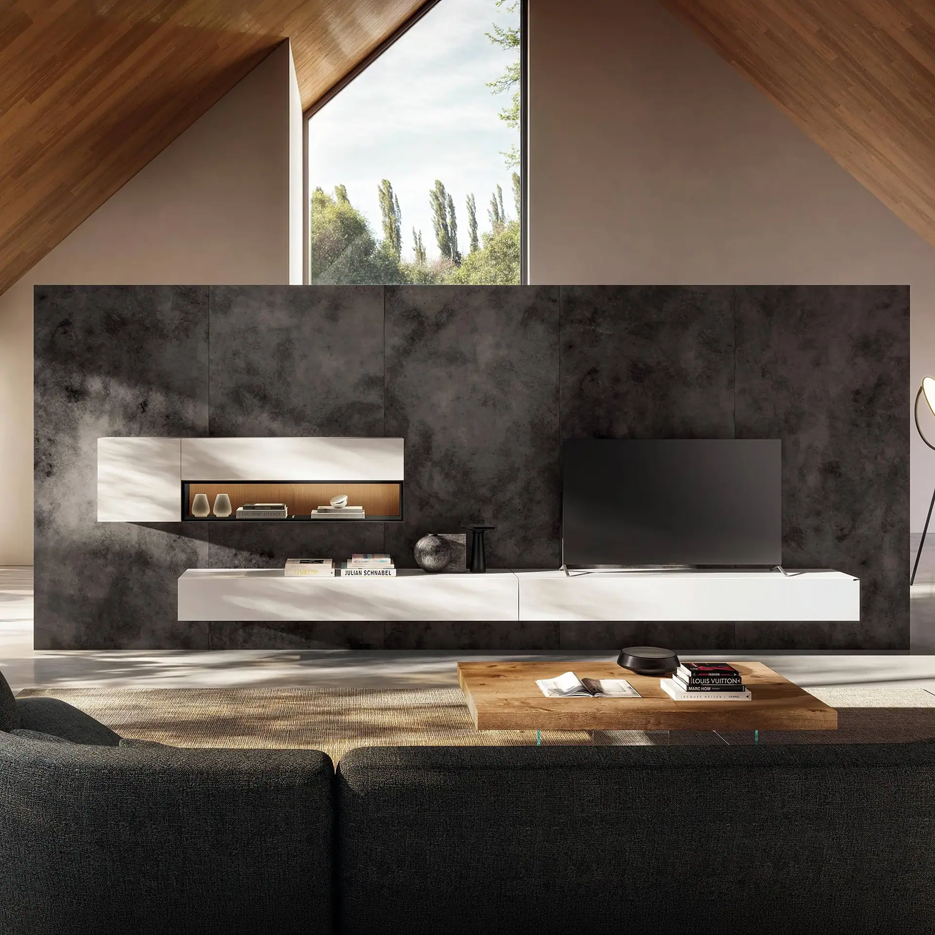 Sklar Furnishings 36e8 modular wall unit in modern living room.