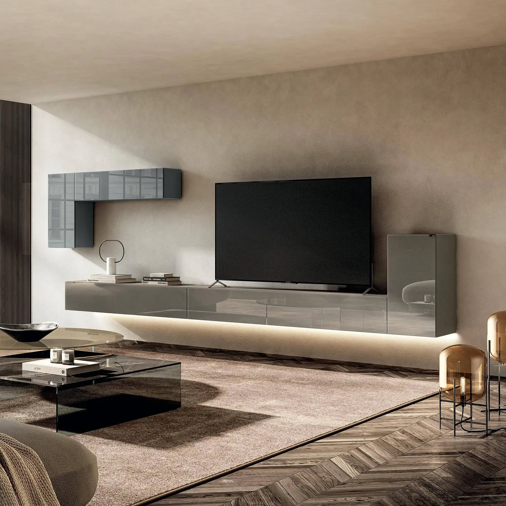 Sklar Furnishings modular wall unit with TV and storage in modern living room.