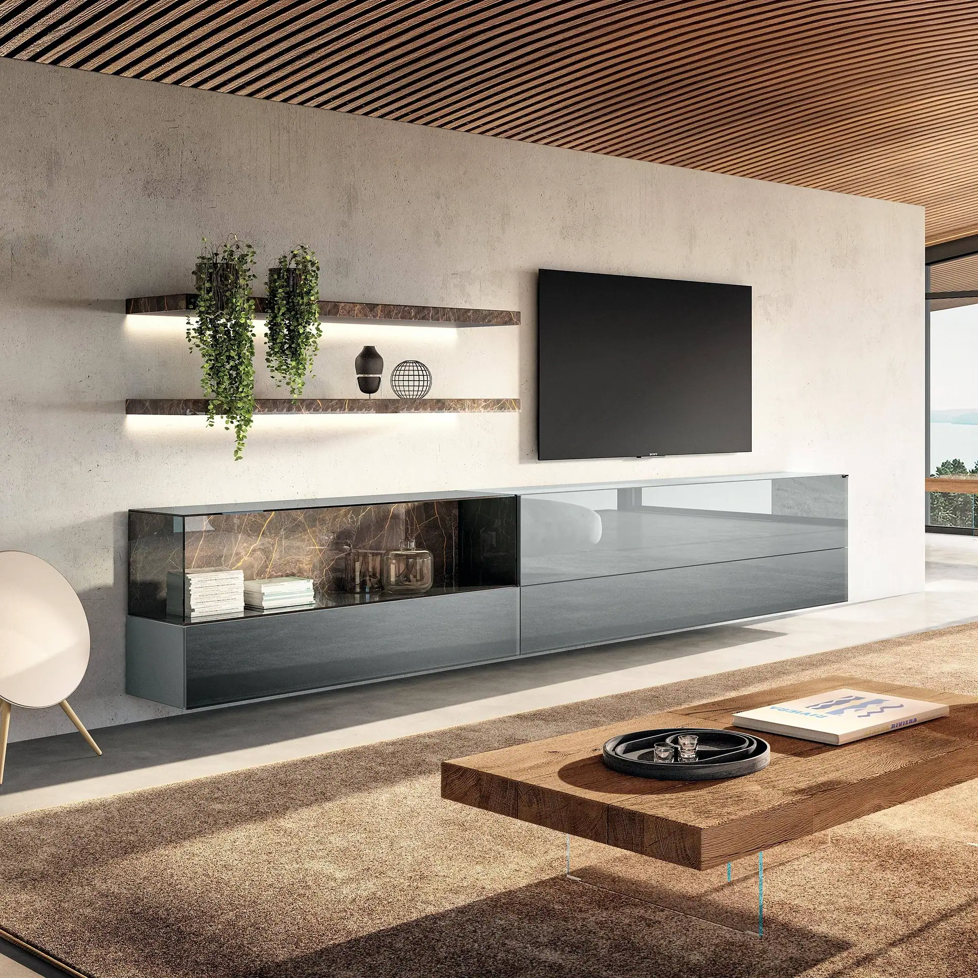 Sklar Furnishings modular wall unit with TV and shelves in modern living room.