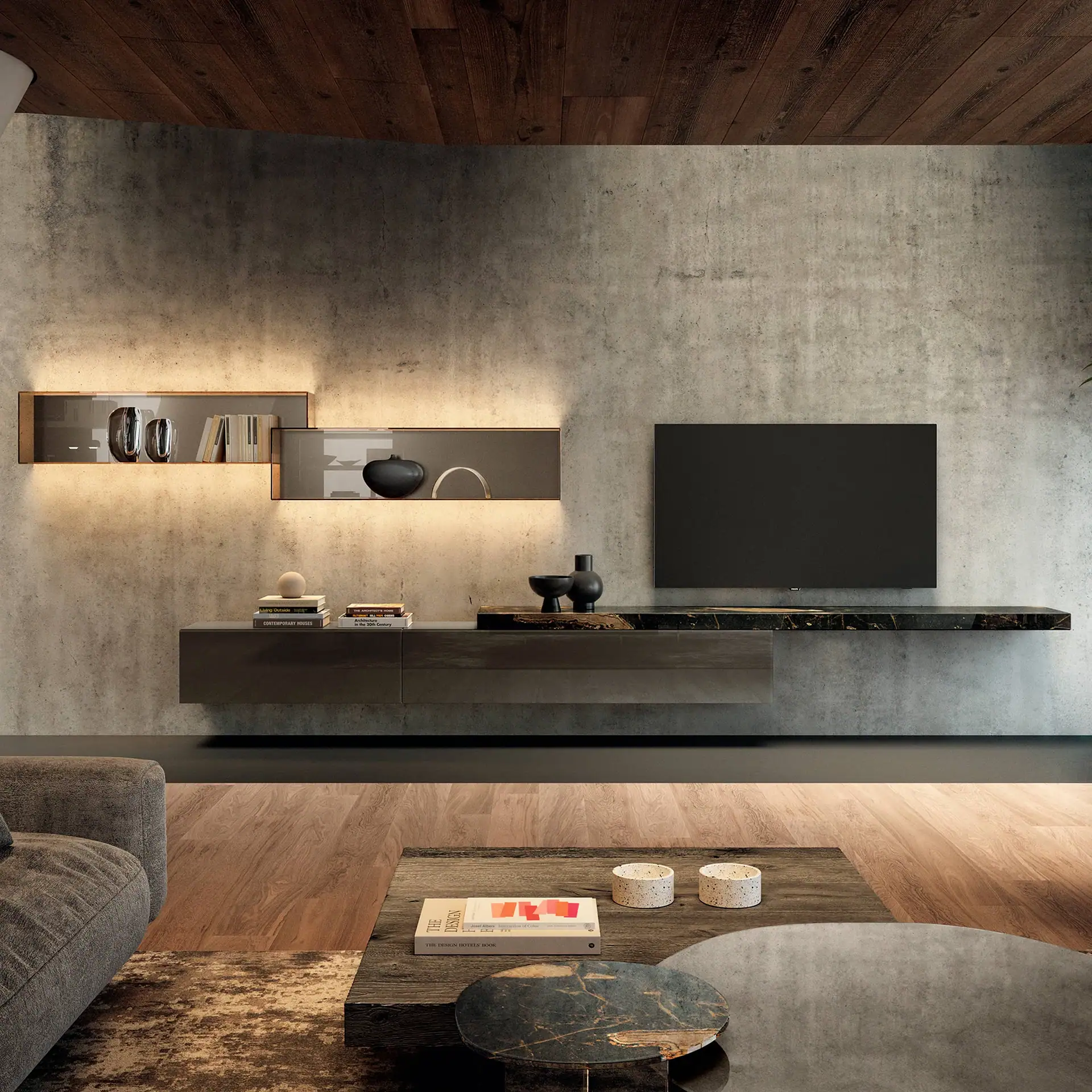 Sklar Furnishings modular wall unit with shelves and TV in modern living room.