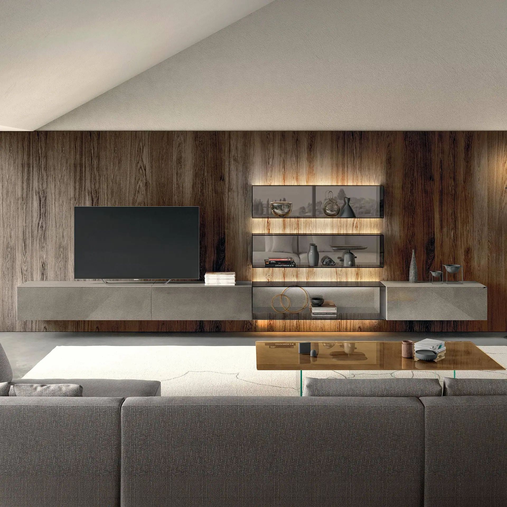 Sklar Furnishings wall unit with TV and shelves in modern living room.