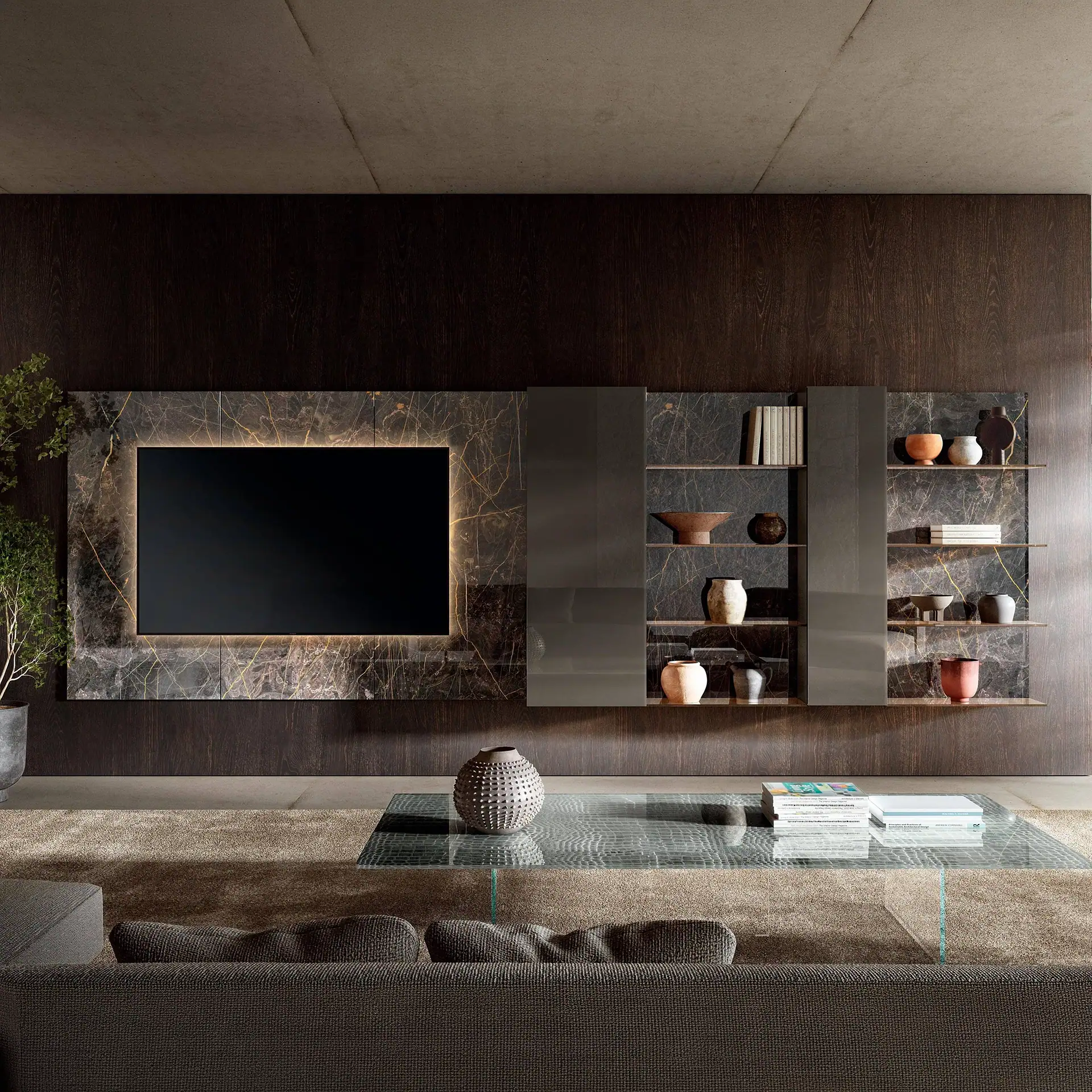 Sklar Furnishings wall unit with shelves and TV in a contemporary living room.