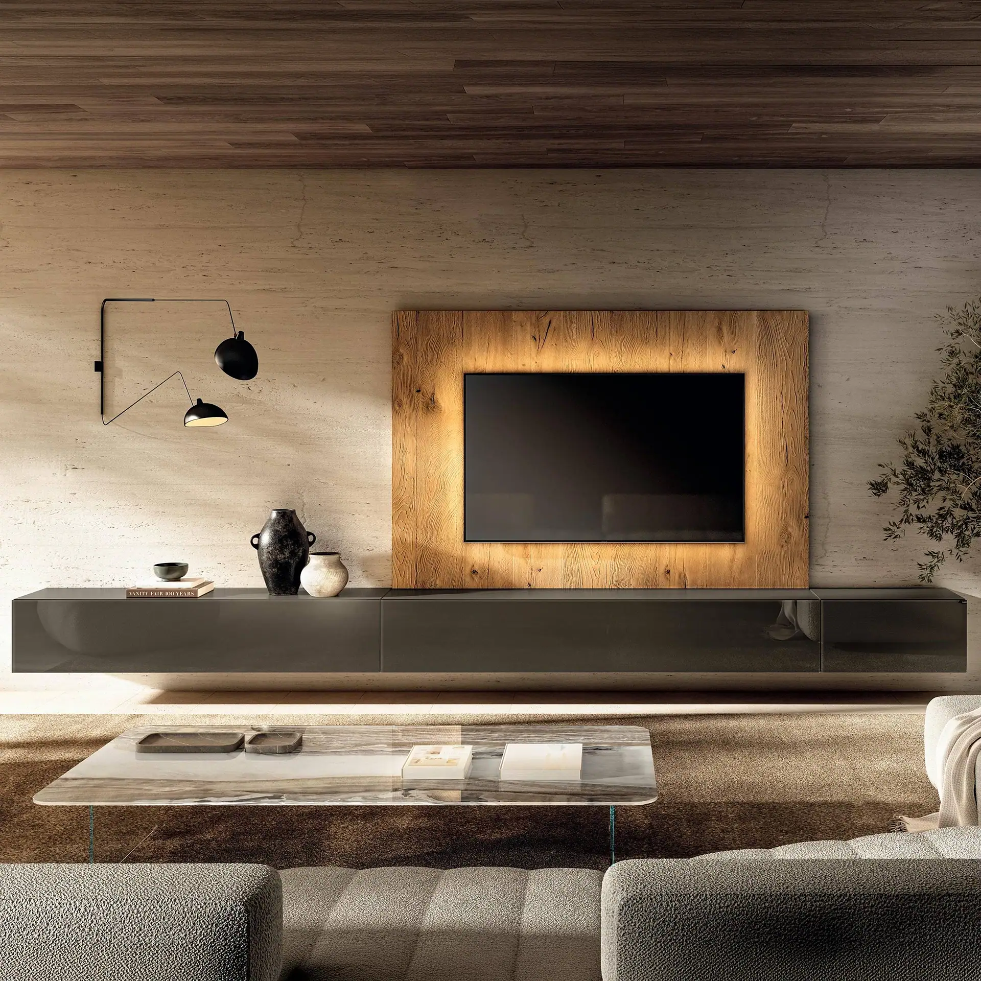 Sklar Furnishings modular wall unit with TV and decor in modern living room.