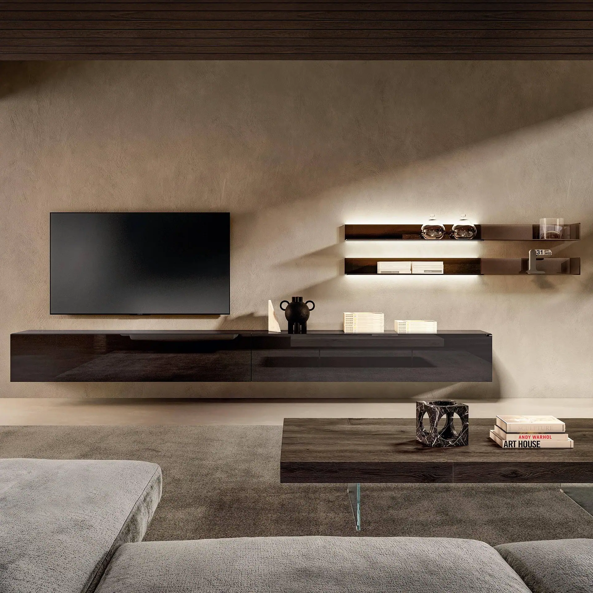 Sklar Furnishings 36e8 modular wall unit with TV and shelves in modern living room.
