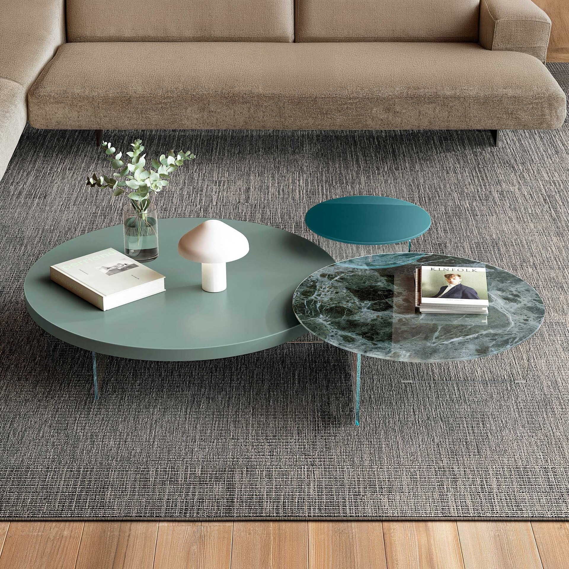 Modern air floating coffee table with layered surfaces in a stylish living room.