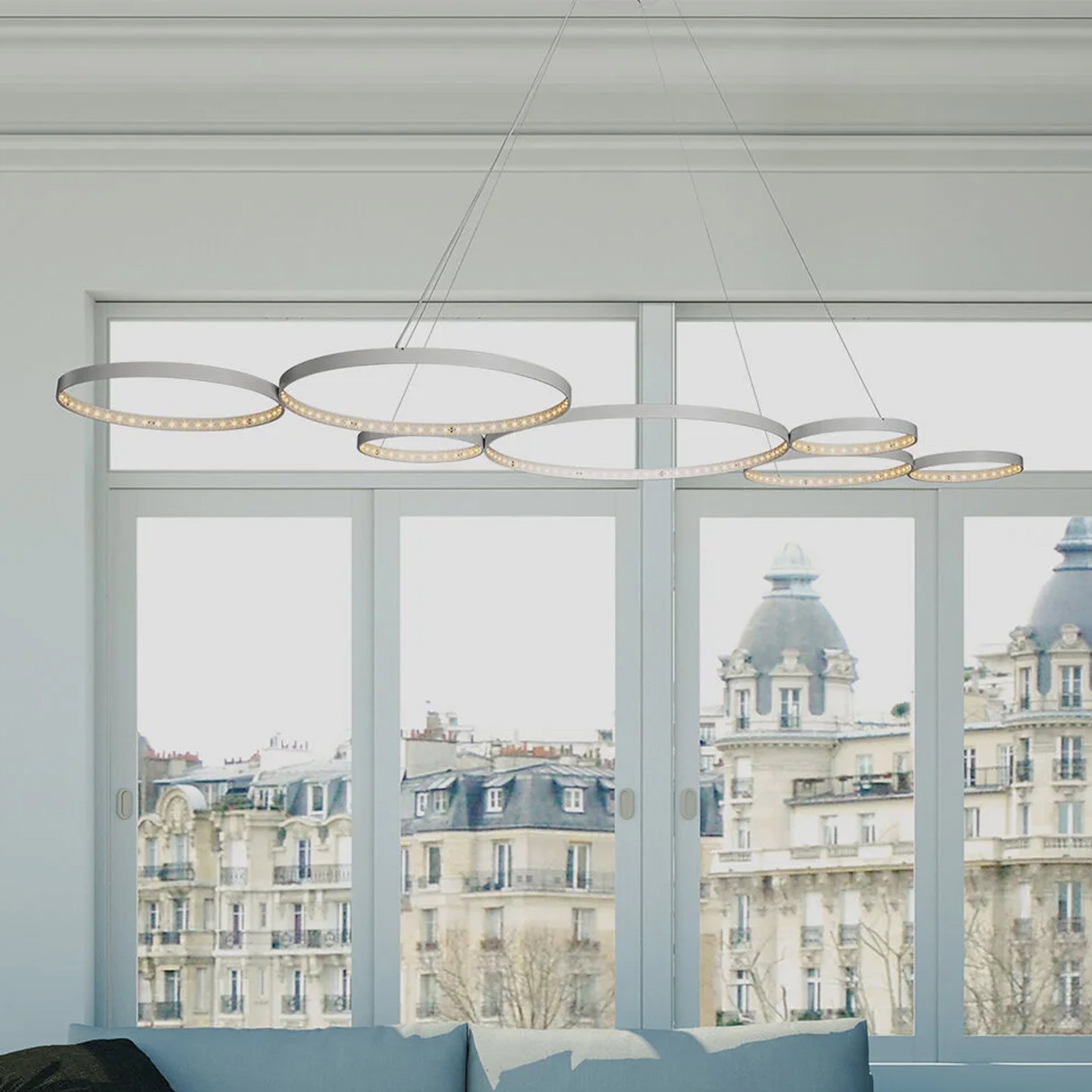 Elegant modern ring chandelier with LED lighting for contemporary interiors.