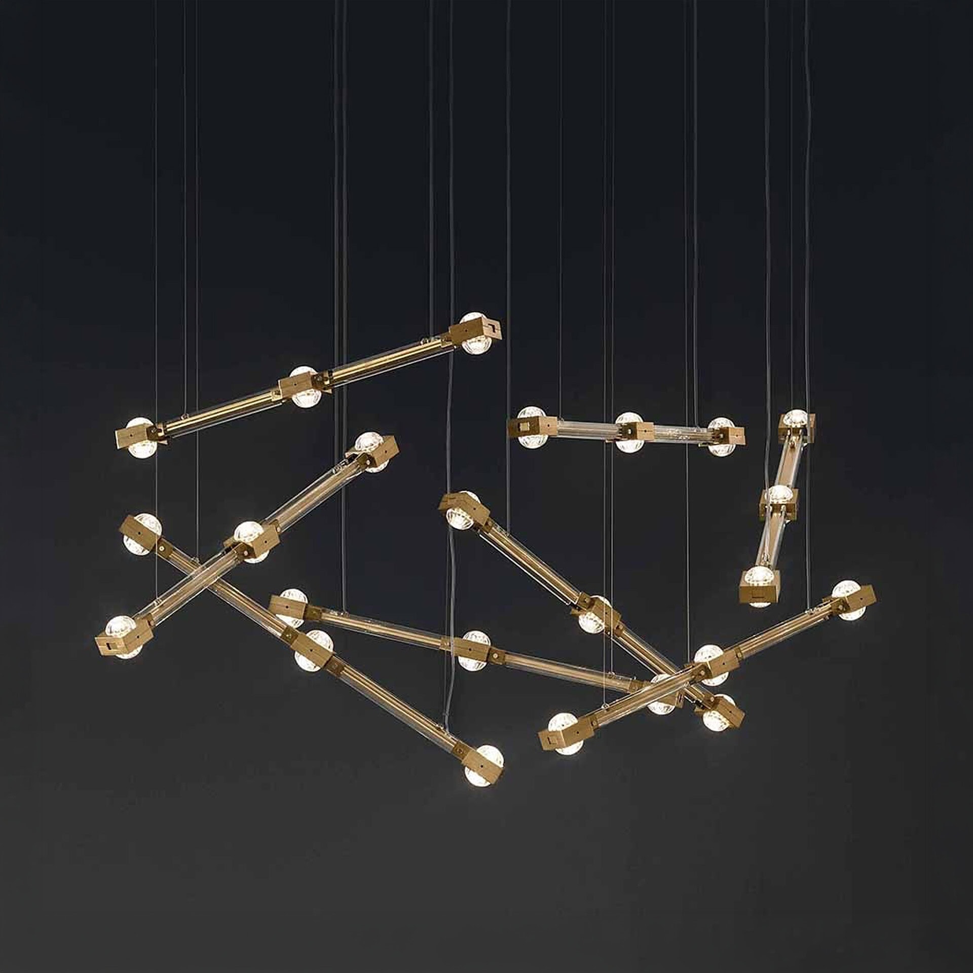 Modern Raqam N7 cluster chandelier with gold accents and geometric design.
