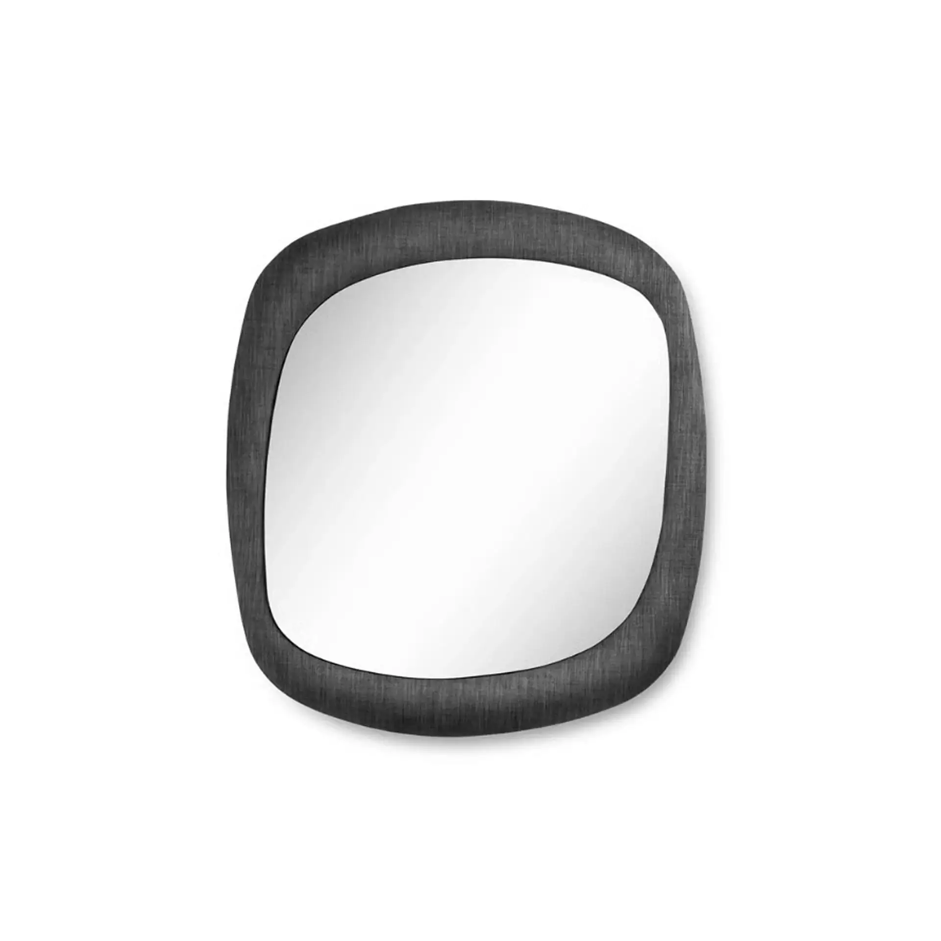 An irregularly shaped mirror with a dark gray, textured frame on a white background.