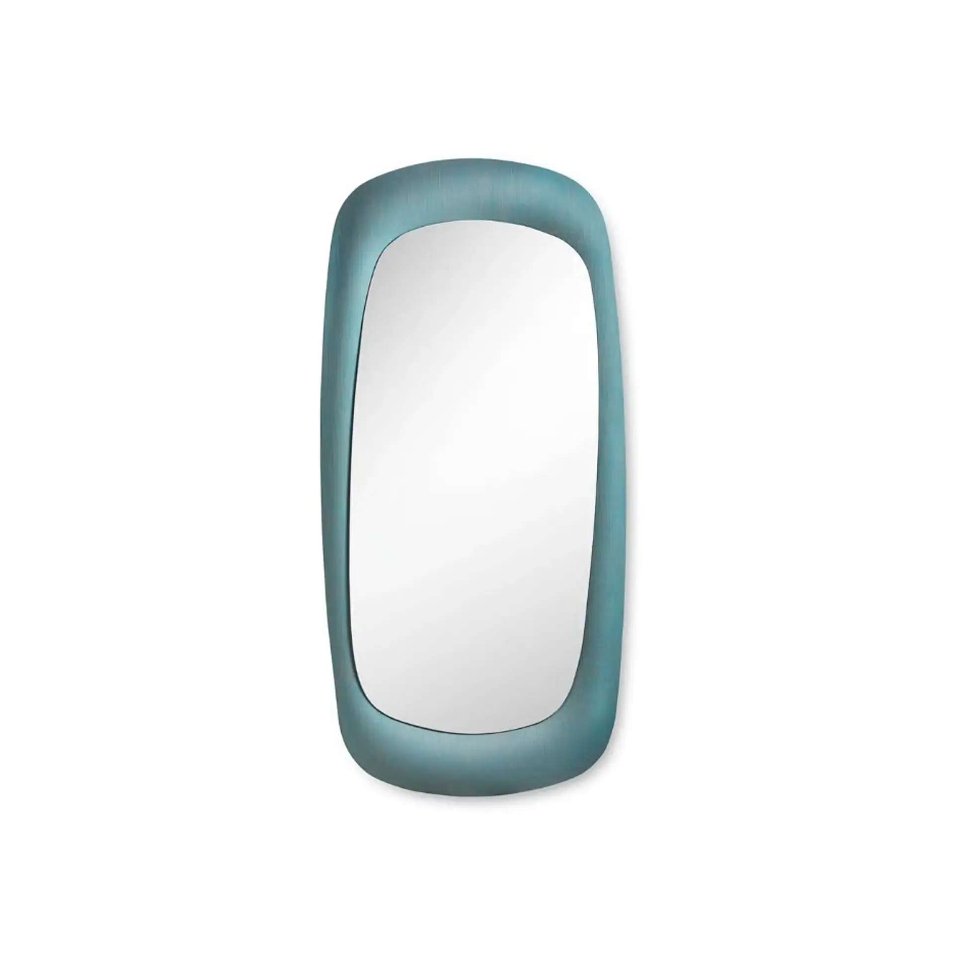 An elongated, rounded rectangular mirror with a teal-colored, brushed frame.