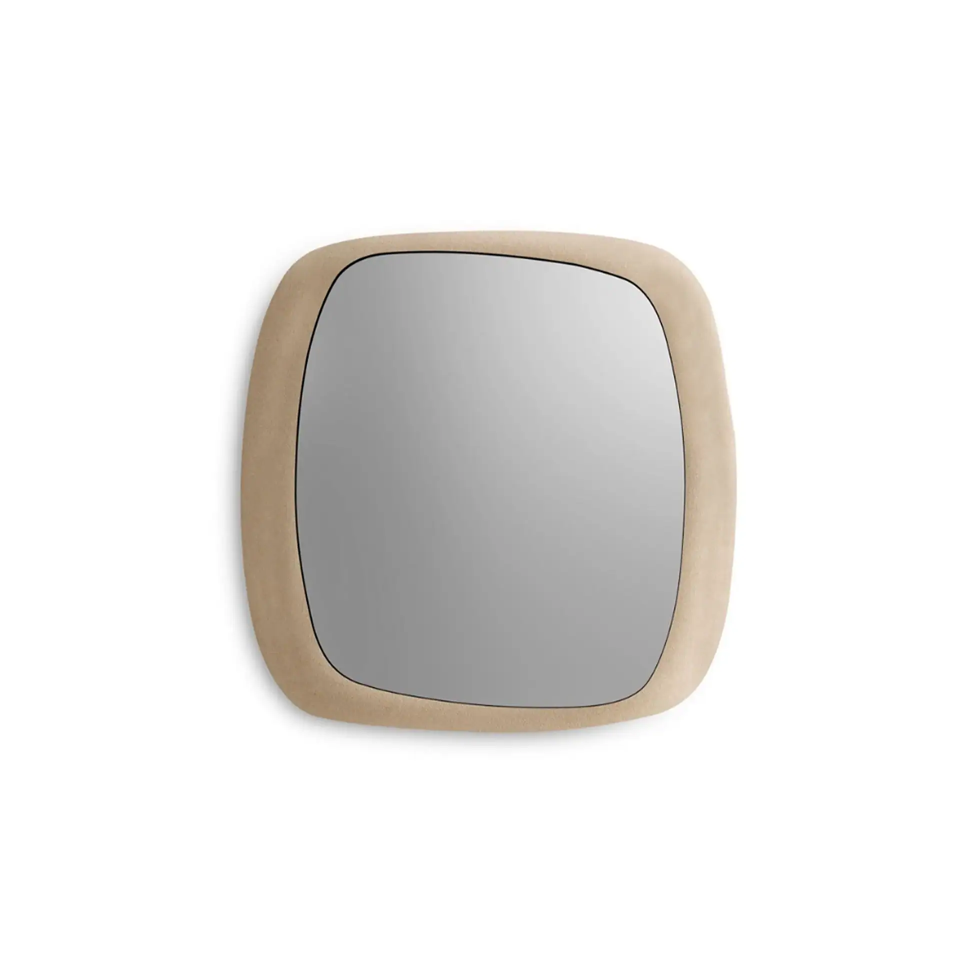 A mirror with an irregular, rounded square shape and a thick, light beige frame, set against a white background.