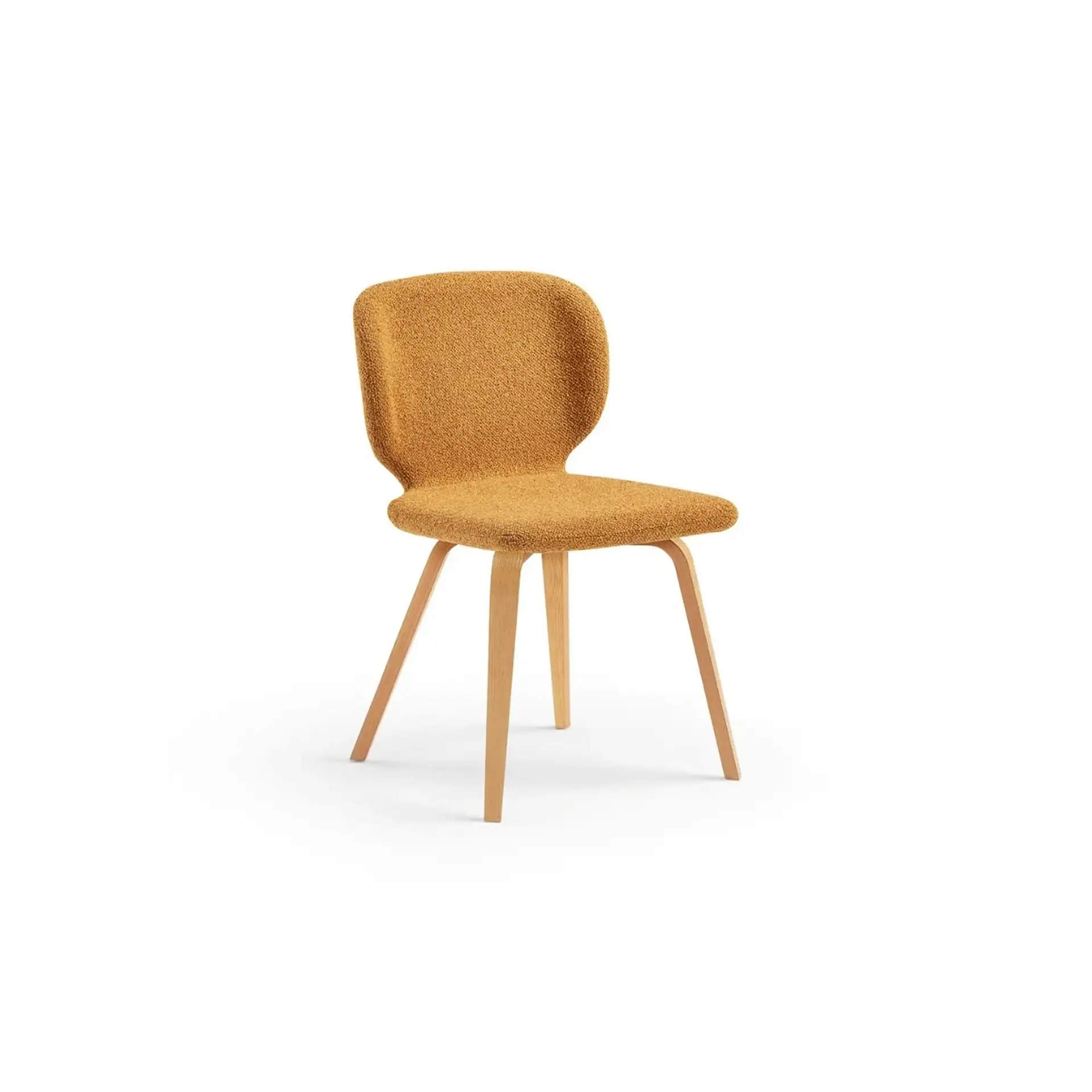 Mustard yellow upholstered chair with light wooden legs on a white background.