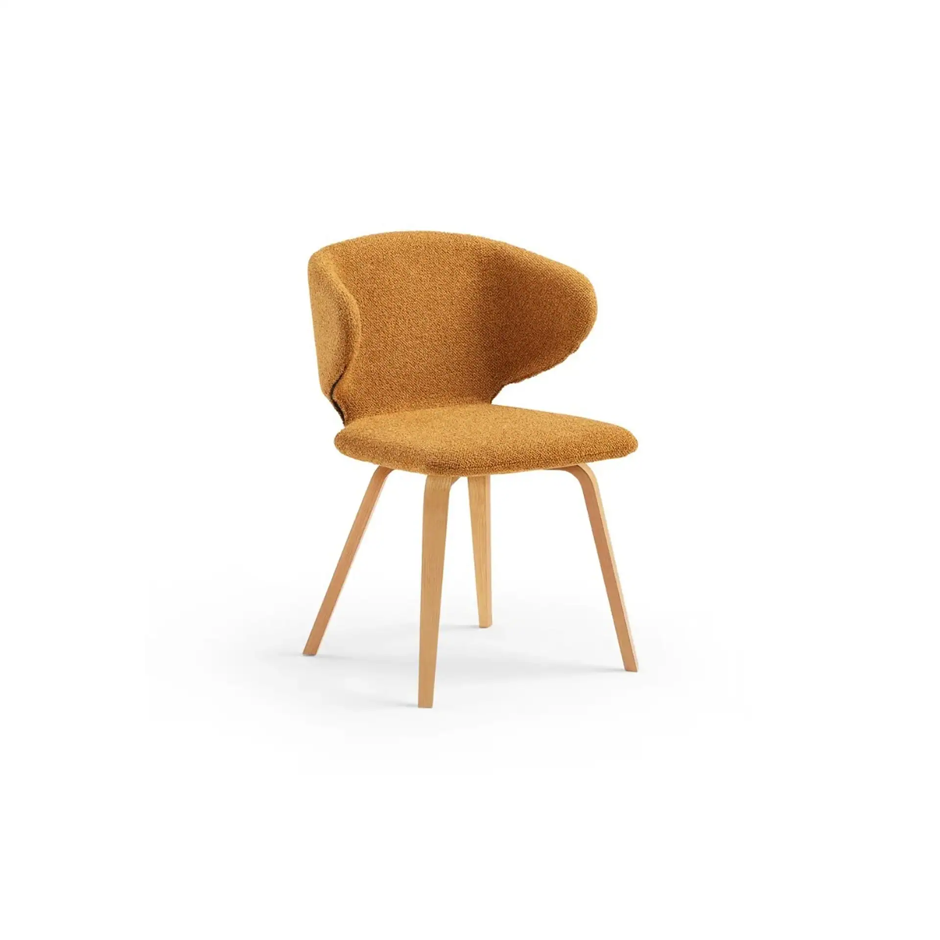 Mustard yellow upholstered chair with a curved back and light wooden legs, shown on a white background.