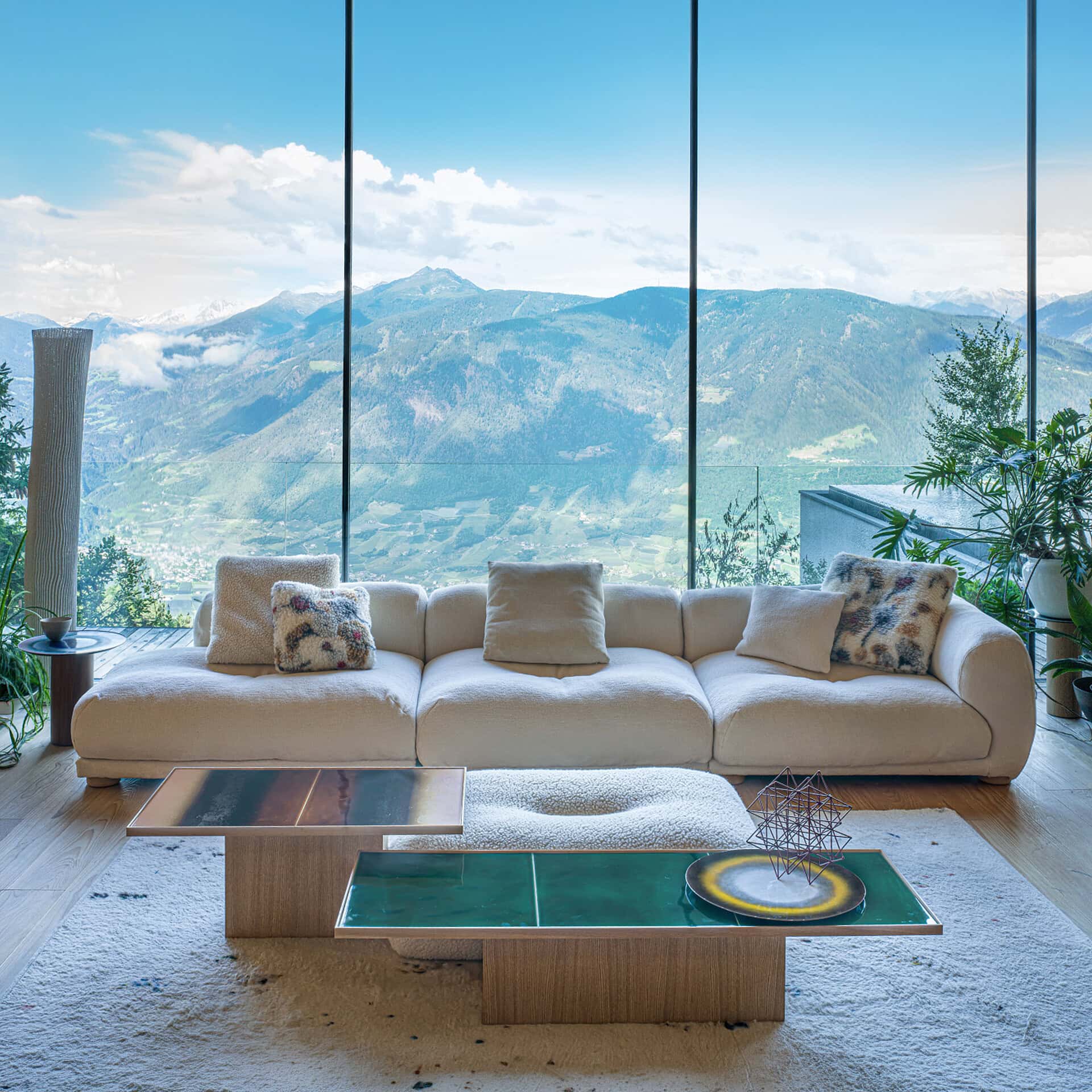 Modern Me-Time Modular Sectional Sofa with scenic mountain view.