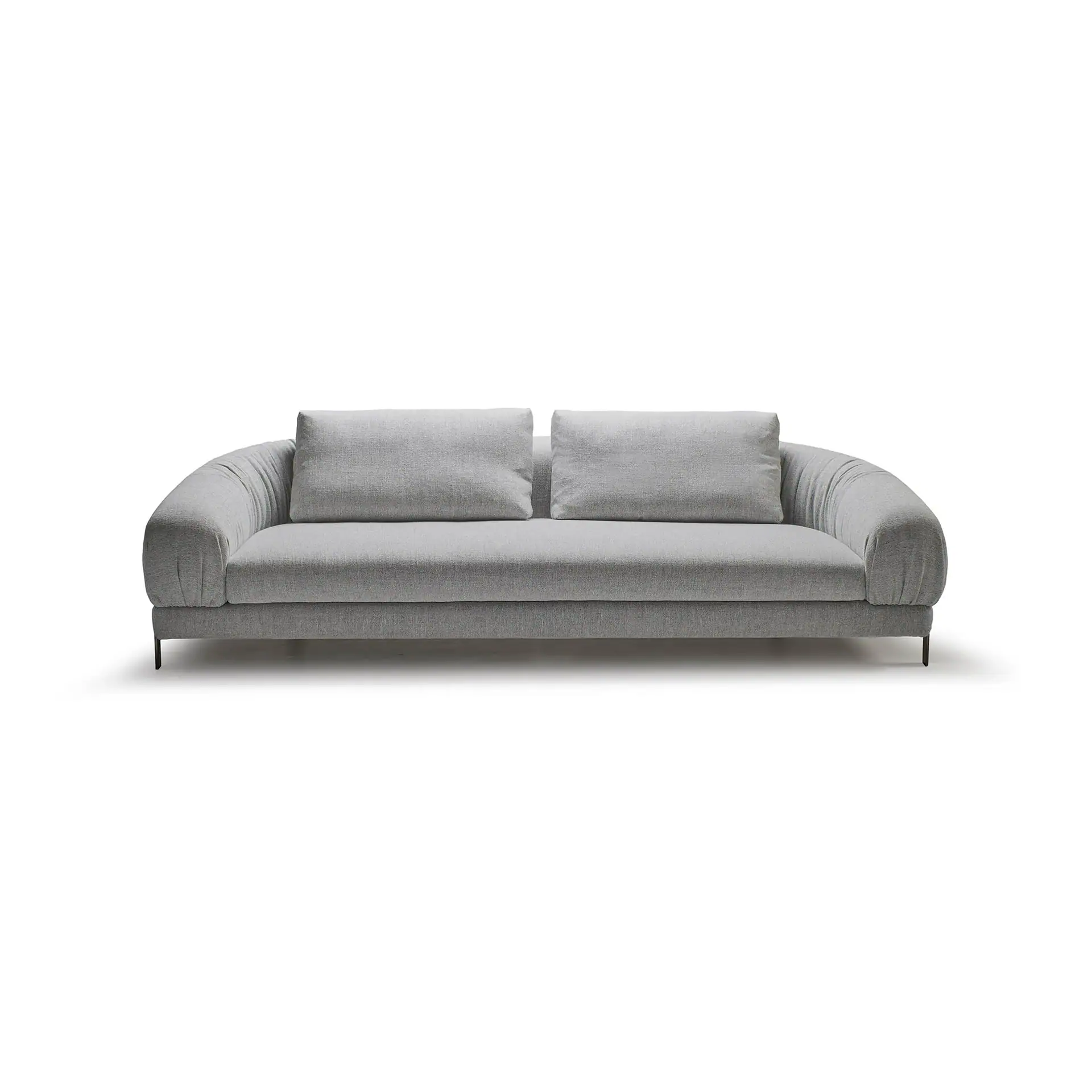 A light grey modern sofa with two seat cushions and two back cushions, featuring rounded arms and thin dark legs, on a white background.