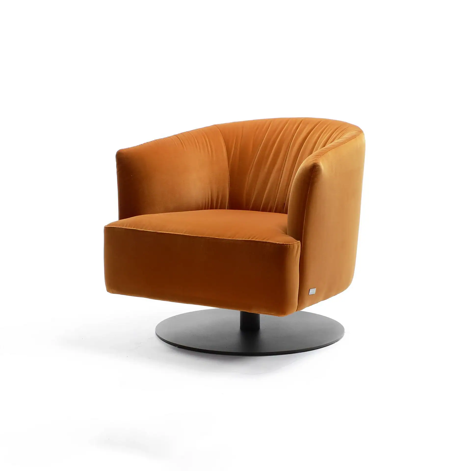 Stylish orange swivel lounge chair with plush upholstery and modern design.