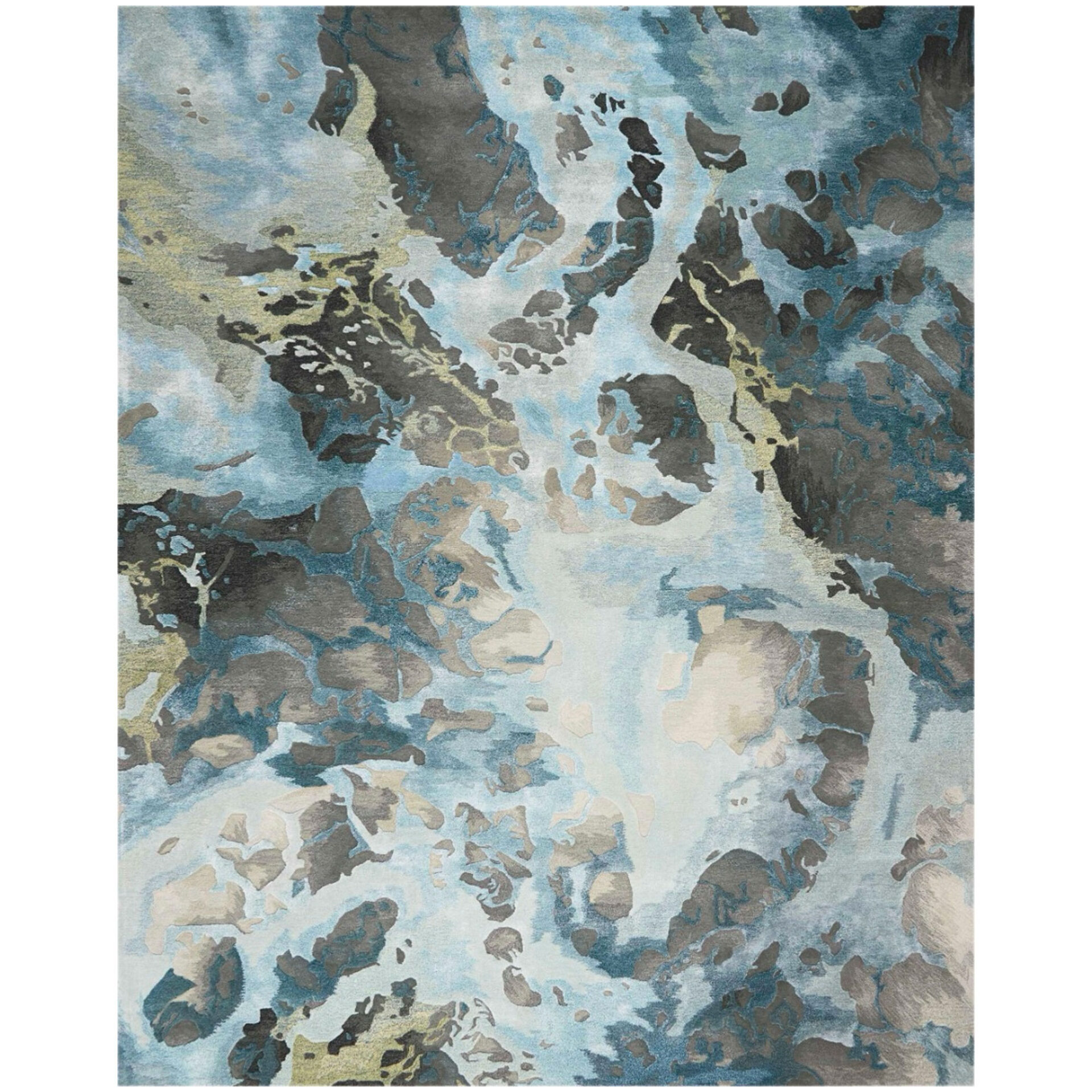 Abstract area rug with a fluid, marble-like pattern in shades of blue, gray, and gold, featuring a textured, multi-level pile.