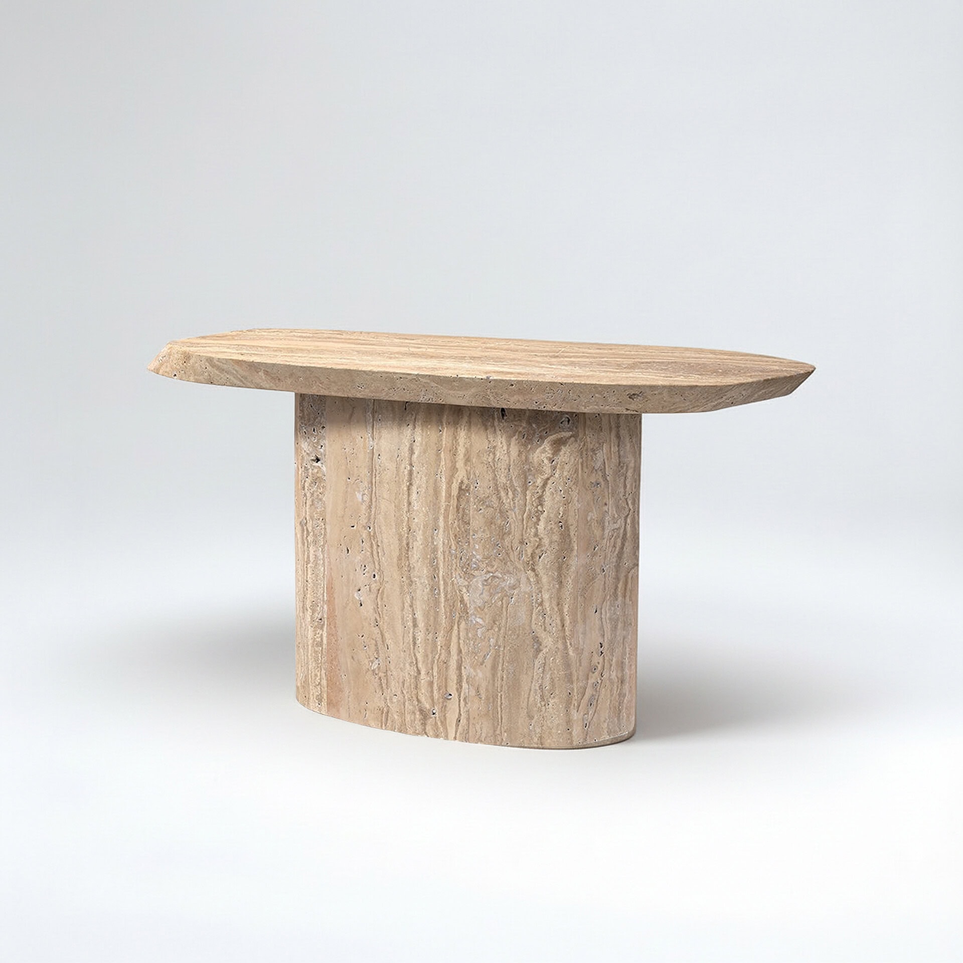 Outdoor travertine console table for patio or garden decor.