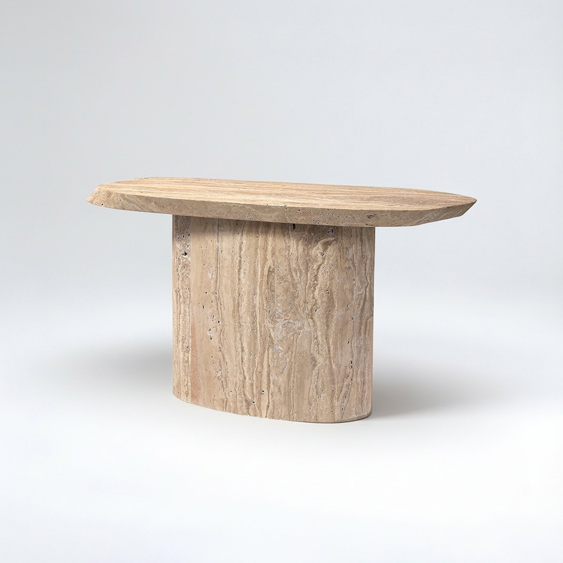 Outdoor travertine console table for patio or garden decor.