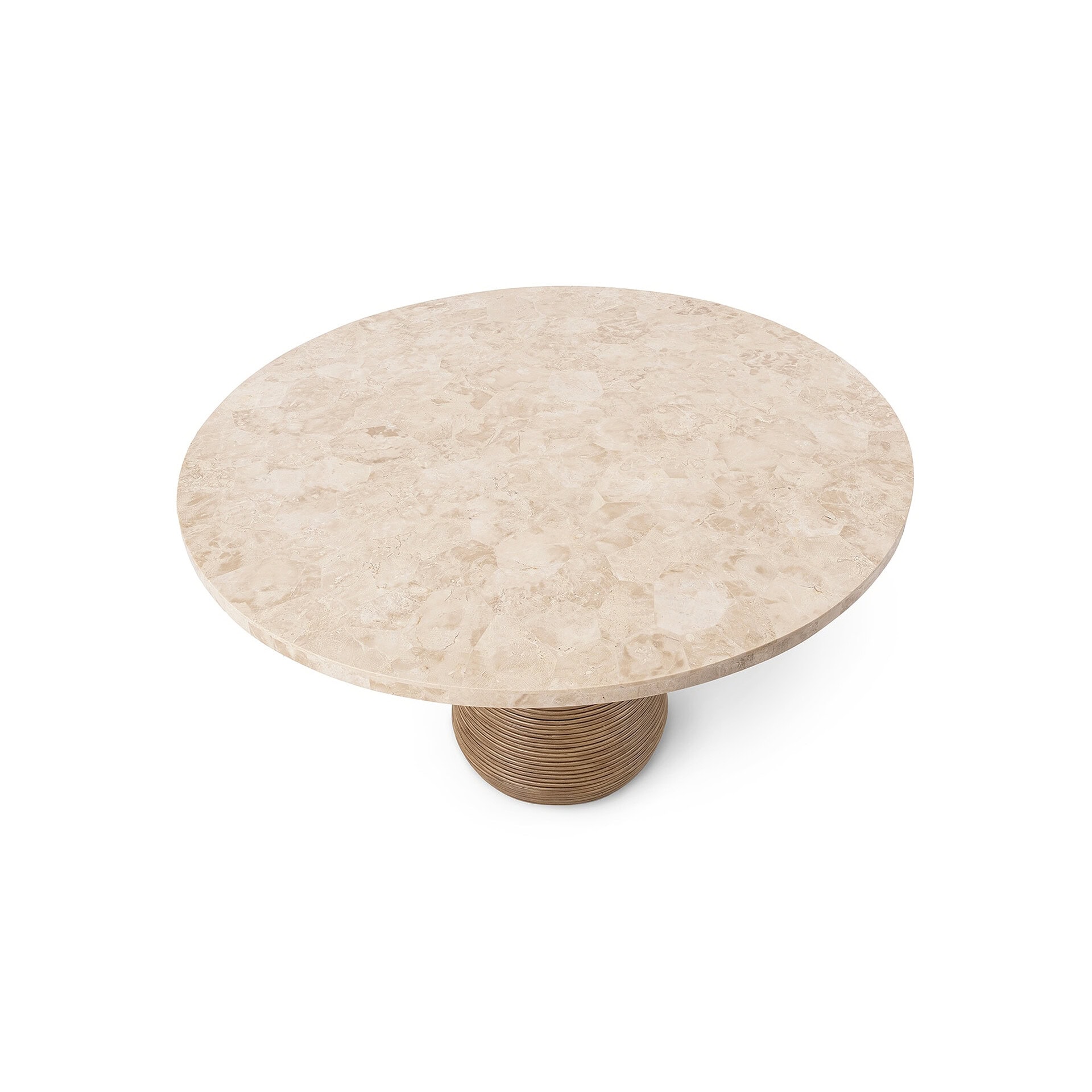 Round dining table with a beige marble top and textured wooden base.