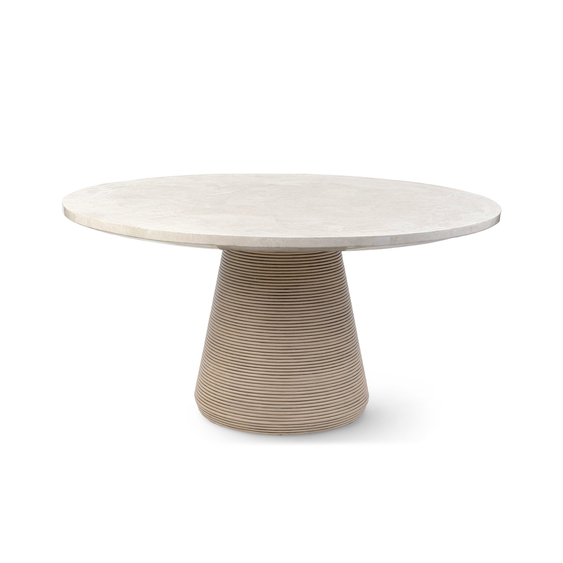 Modern Stinson round dining table with textured base and marble top.