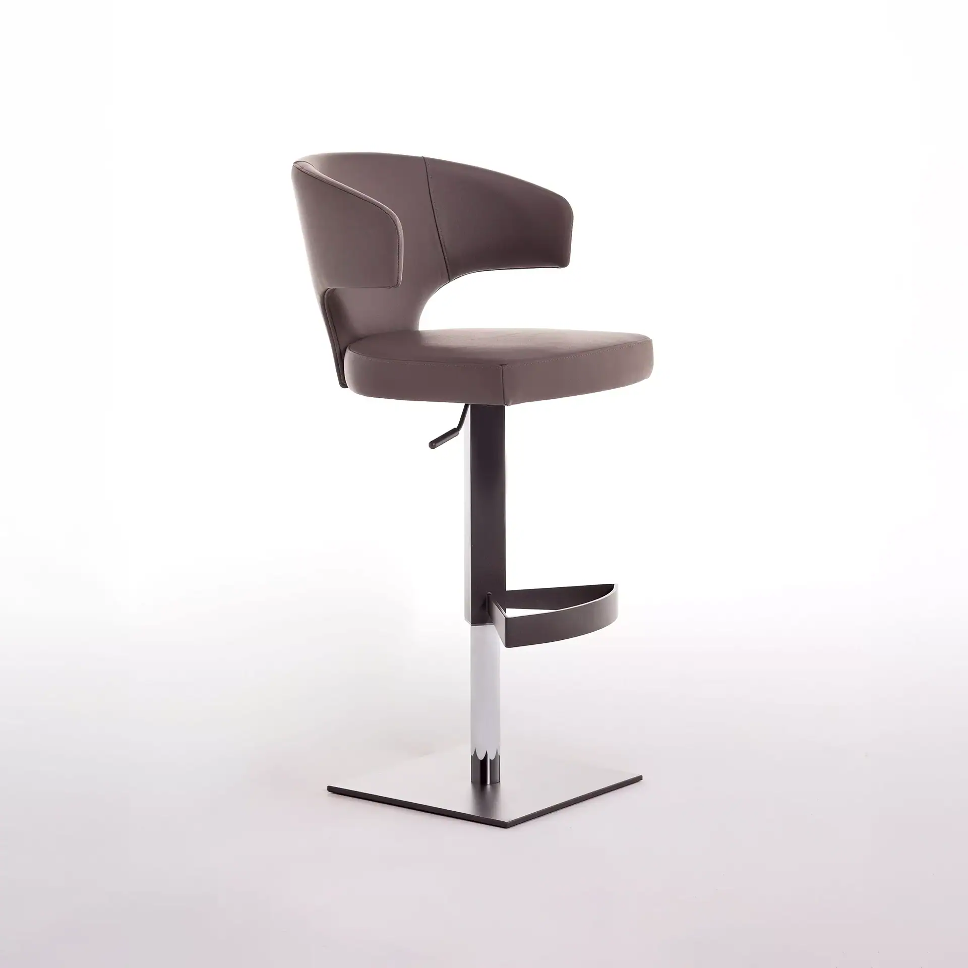 Sklar Furnishings Wing Modern adjustable swivel bar stool with brown upholstery.