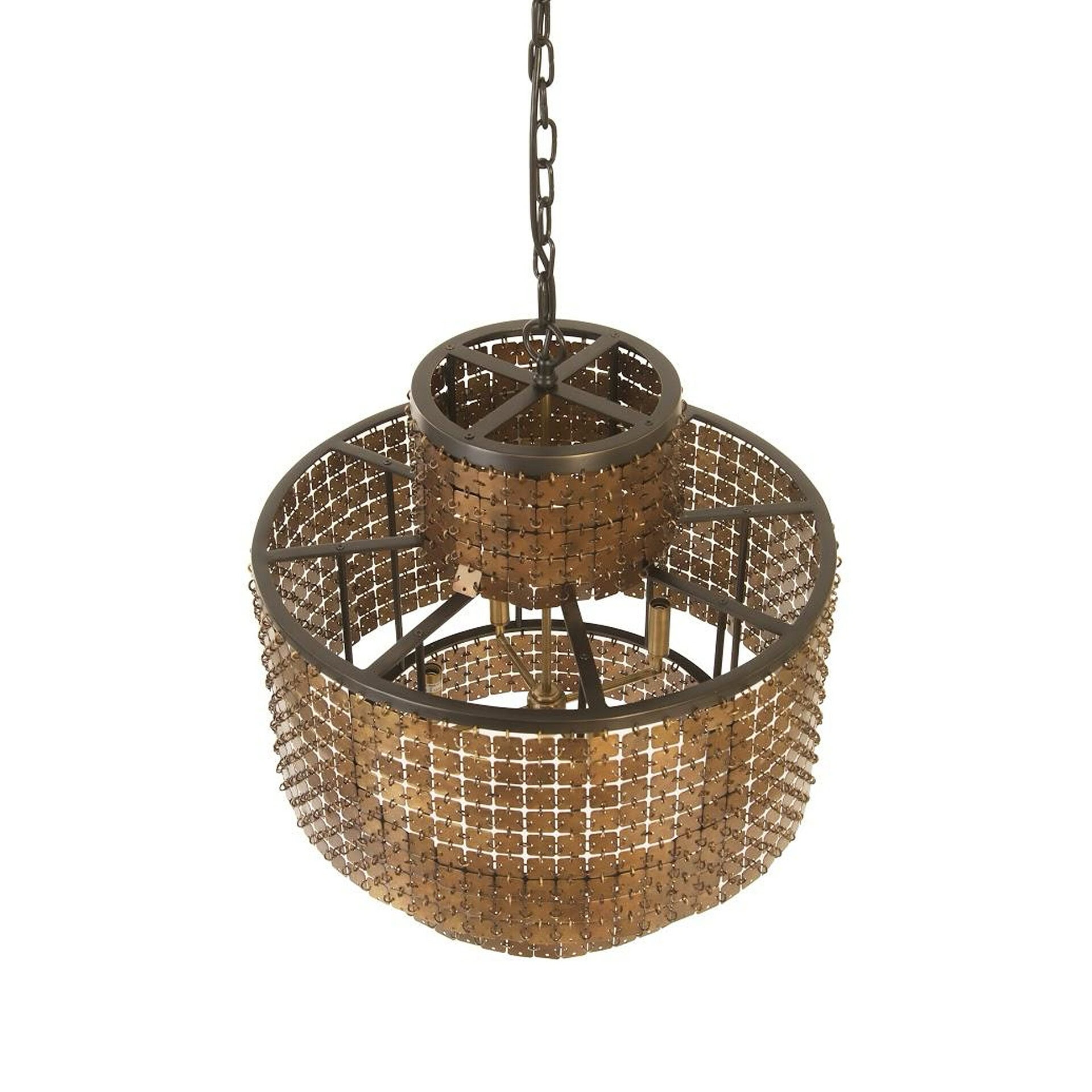 Armor Brass Chandelier with intricate design and warm metallic finish. Perfect for enhancing contemp.