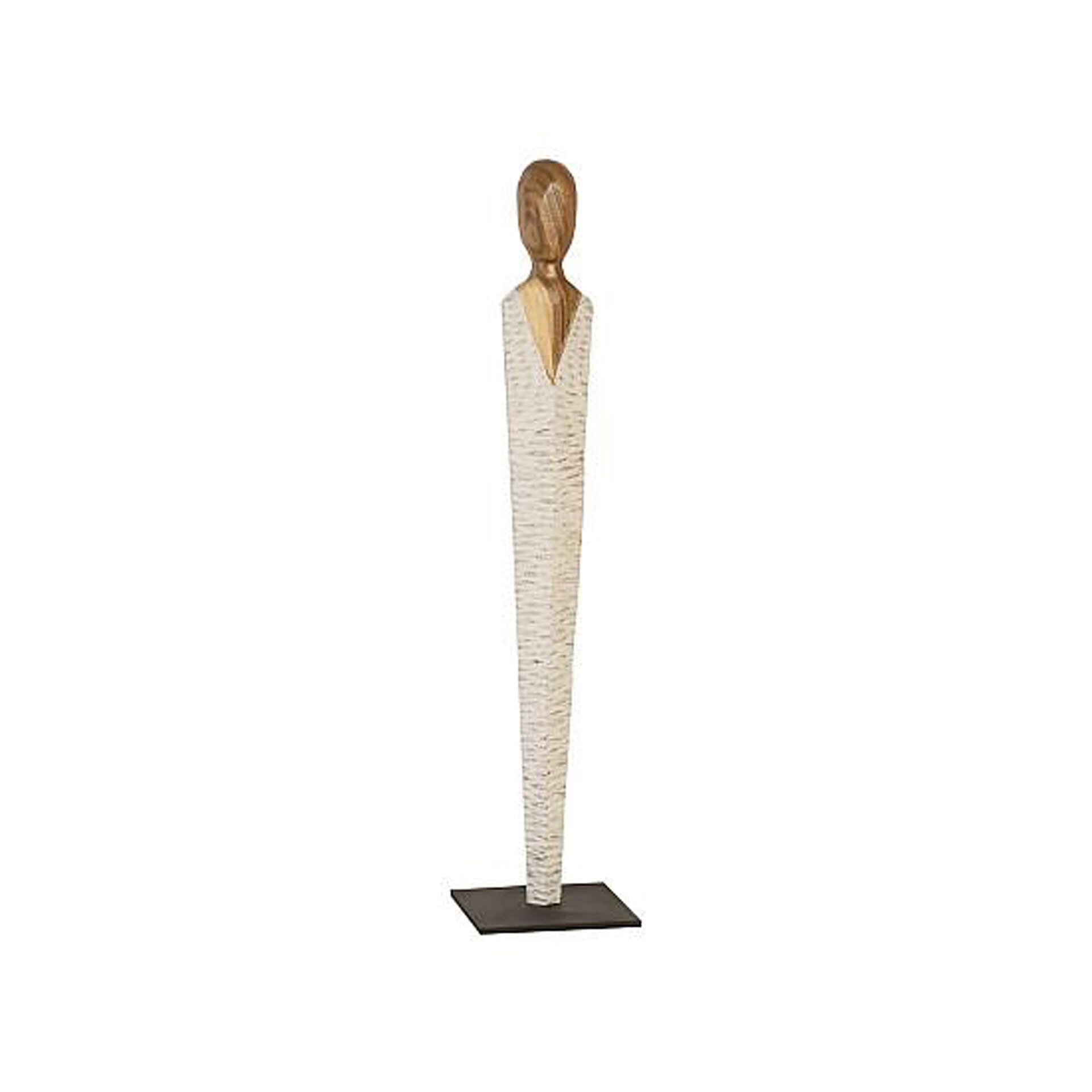 Vested wood sculpture with elongated form and natural finish.