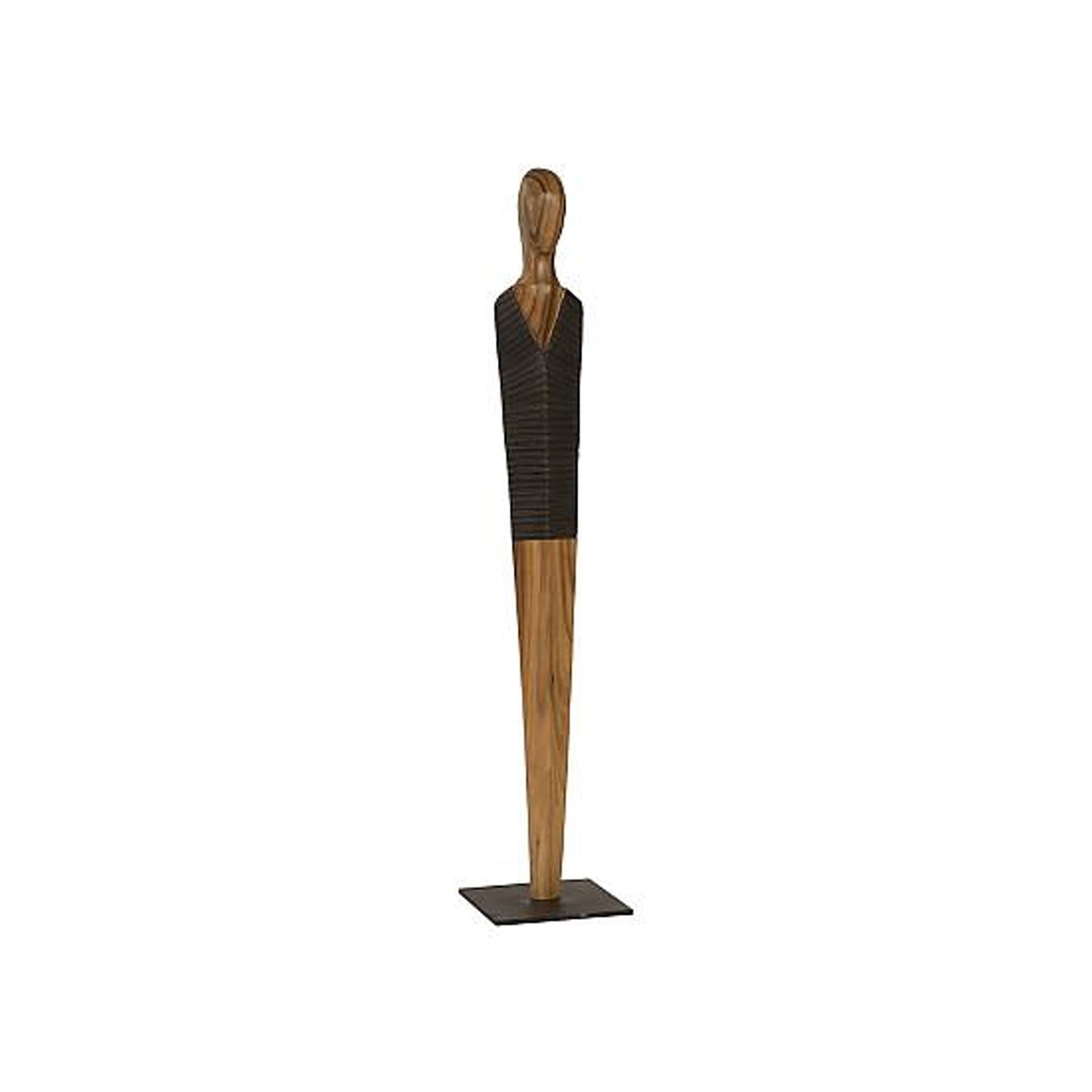 Vested wood sculpture with a modern design, blending natural wood tones and sleek black accents.