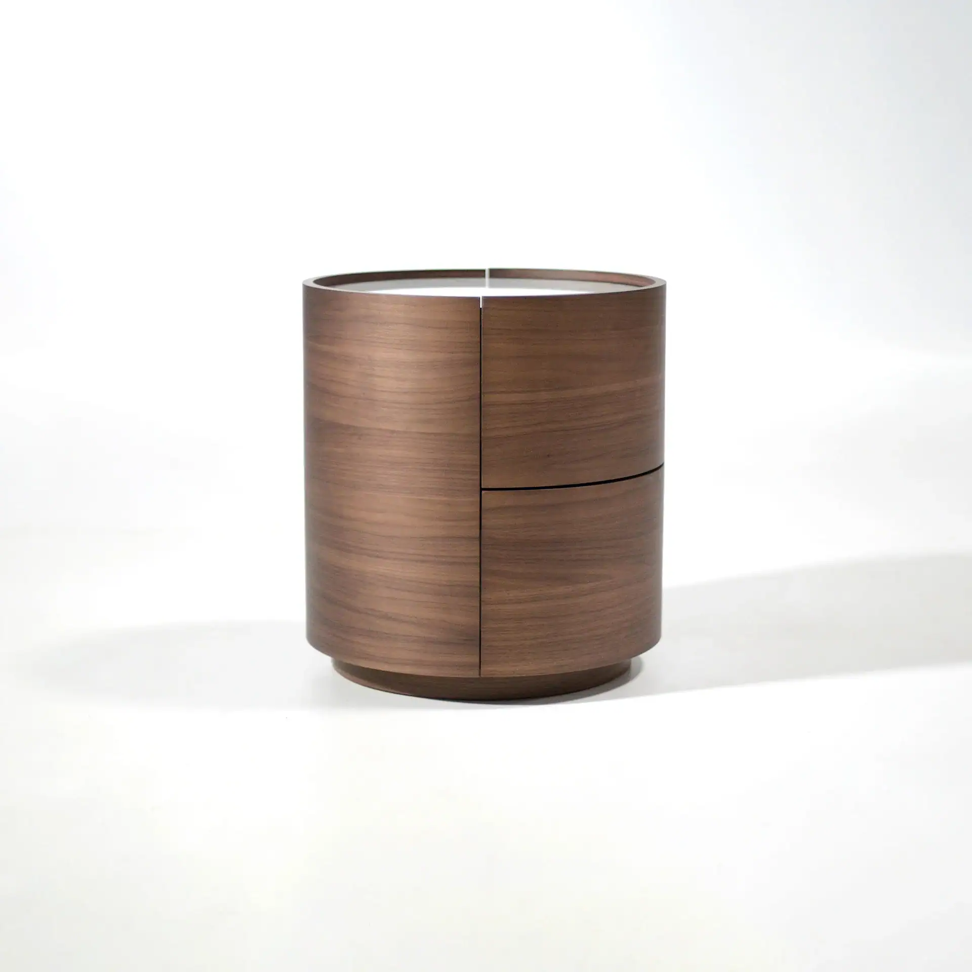 Sklar Furnishings Dedalo Round 2-Drawer Nightstand in wood finish.