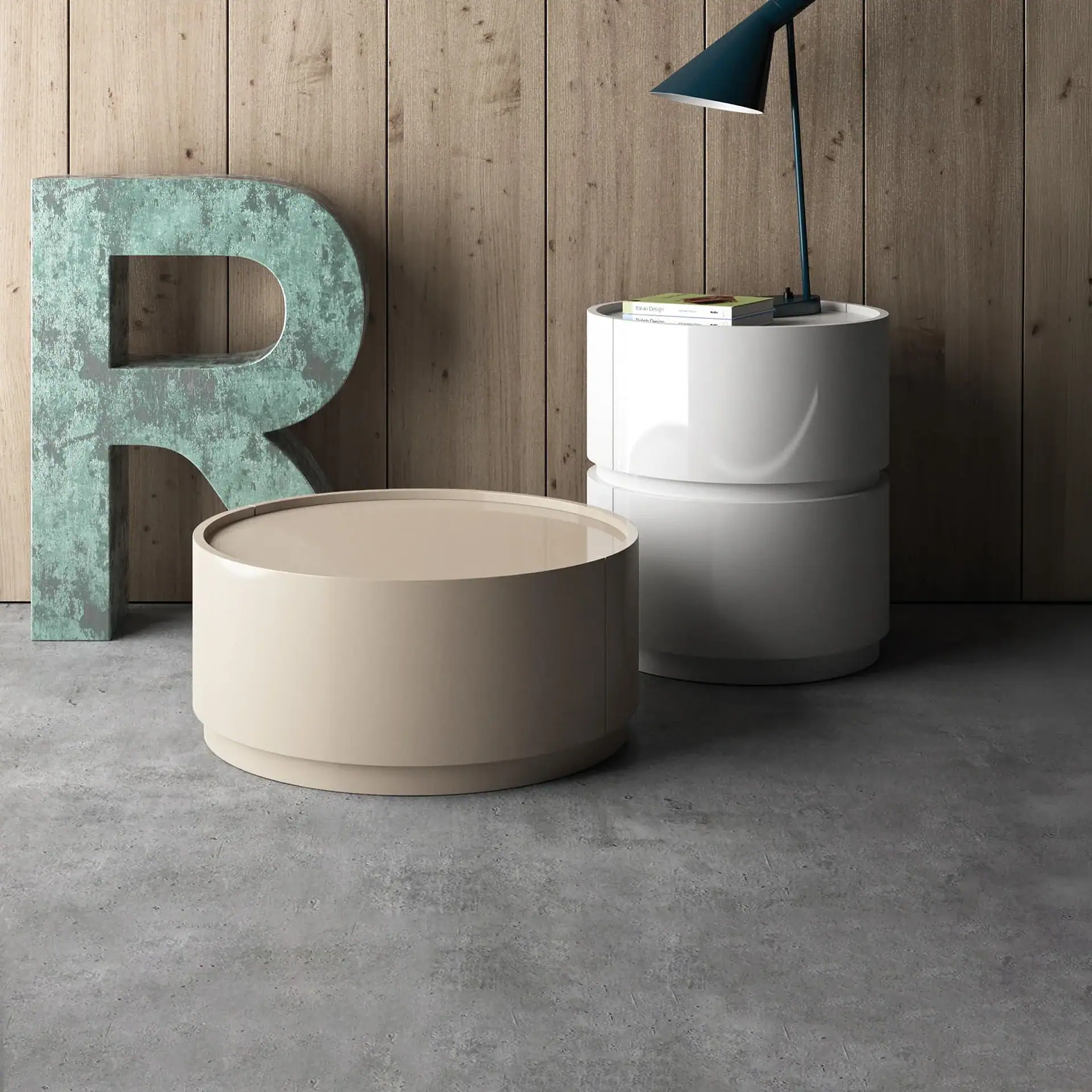 Sklar Furnishings Dedalo Round 2-Drawer Nightstand in a contemporary room.