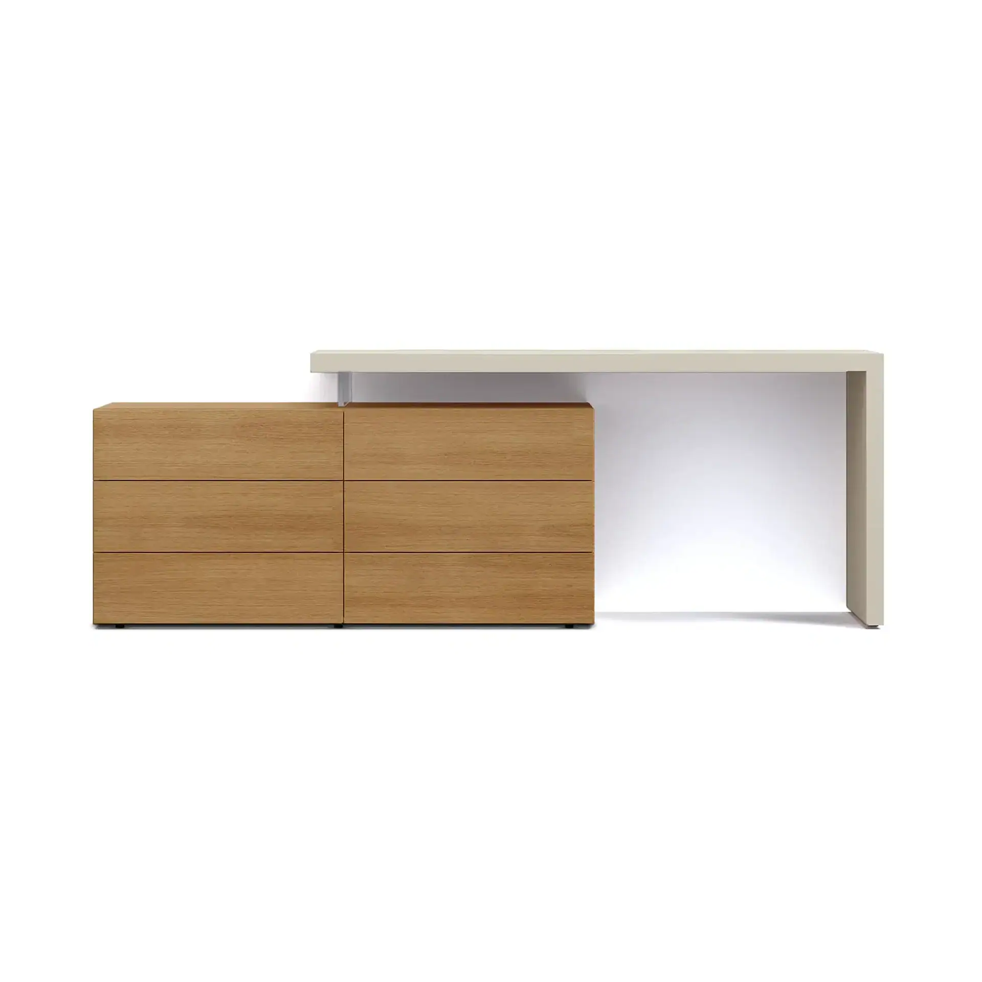 A modern light wood dresser with six drawers integrated with a light beige L-shaped desk, all against a white background.