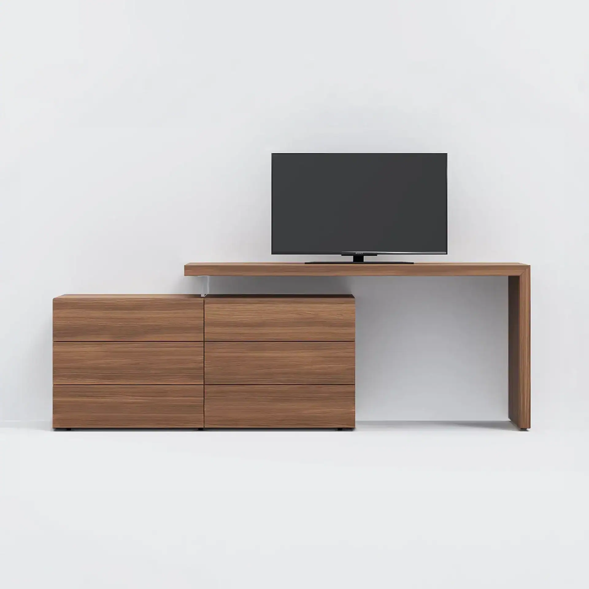 A modern wooden TV stand with six drawers and an extended shelf, holding a black flat-screen TV, against a white background.