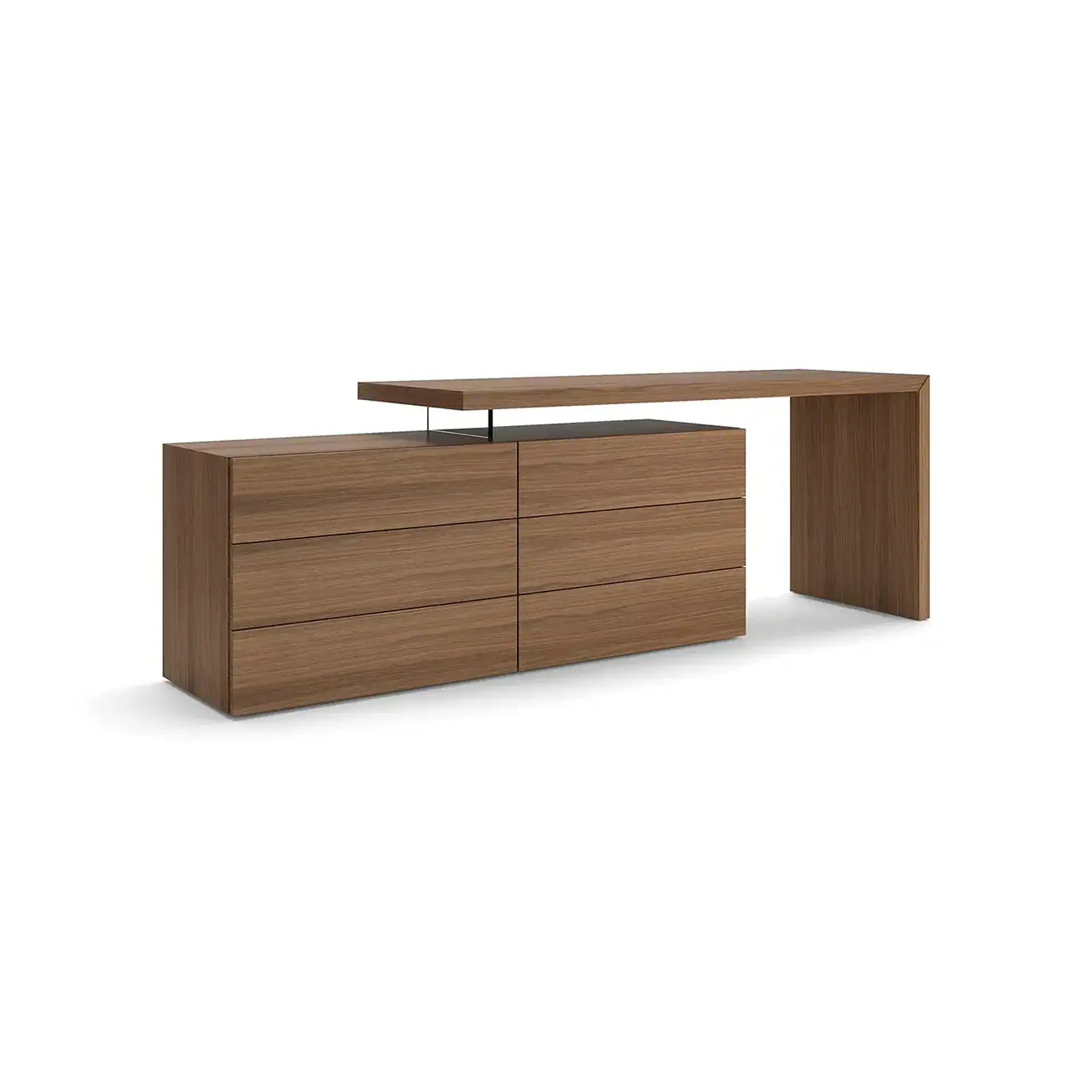 A modern, medium-brown wood dresser with six drawers and an integrated cantilevered desk, set against a white background.