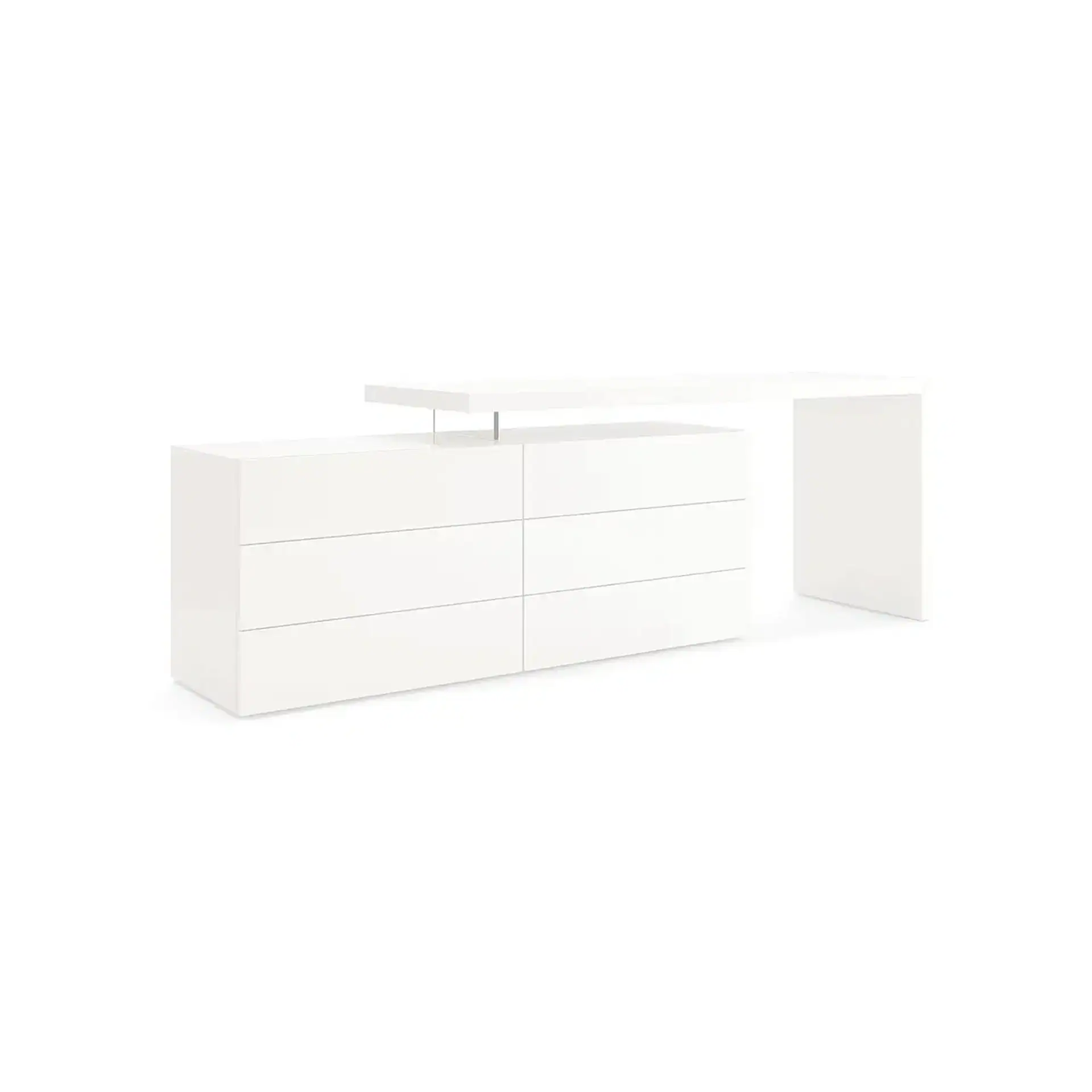 A modern, glossy white dresser with six drawers and an attached white desk, all against a white background.