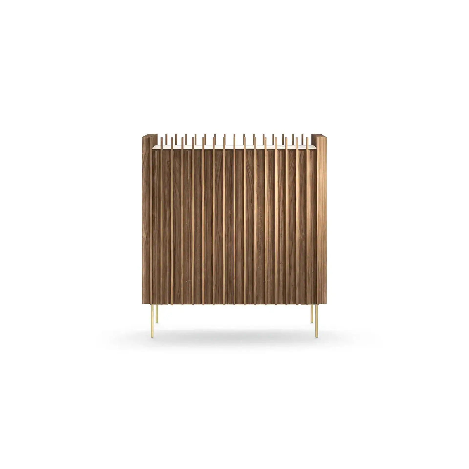 A modern dark wood cabinet with vertical slatted design and gold accents, standing on four slender brass legs against a white background.
