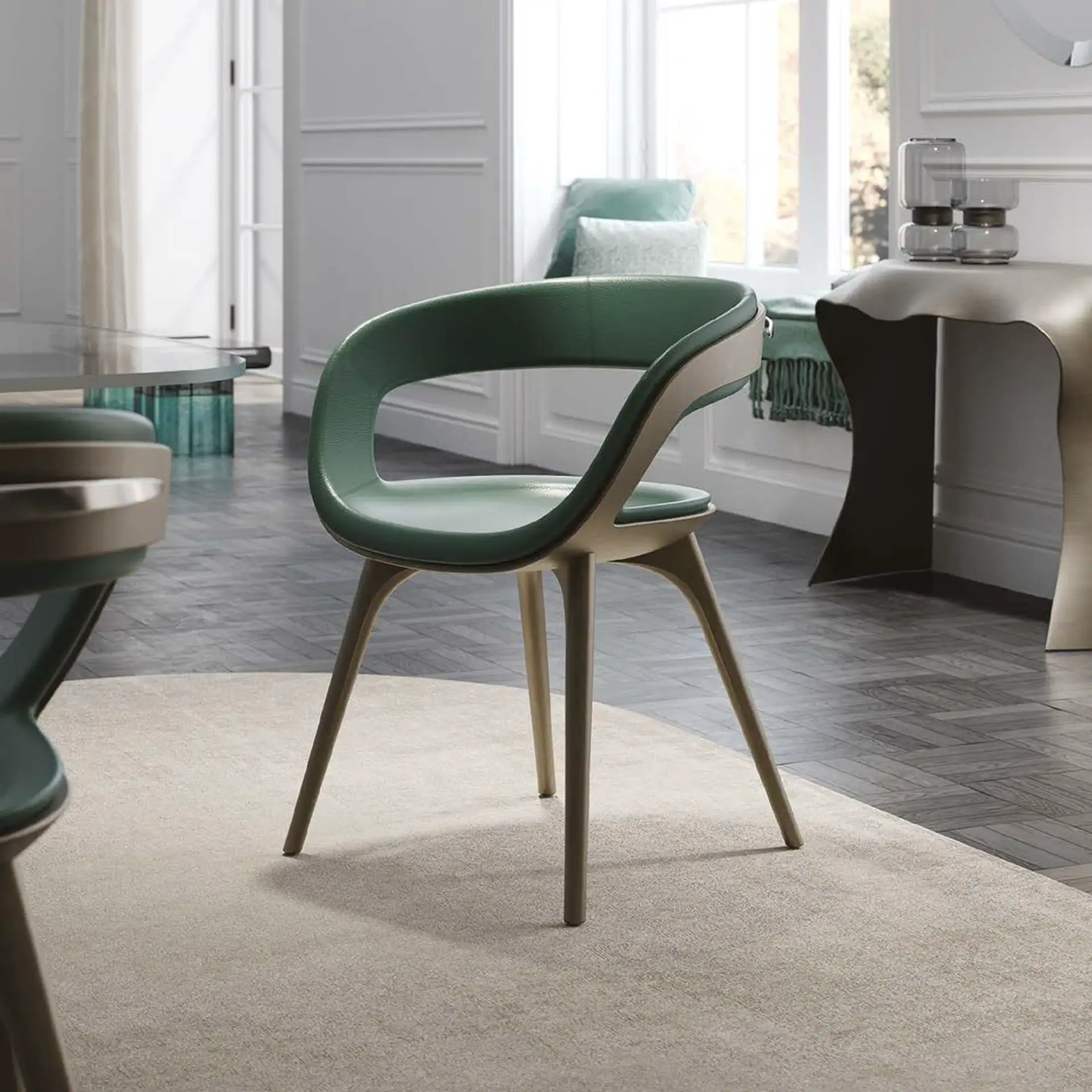Modern Nido dining armchair with sleek design and wooden legs.