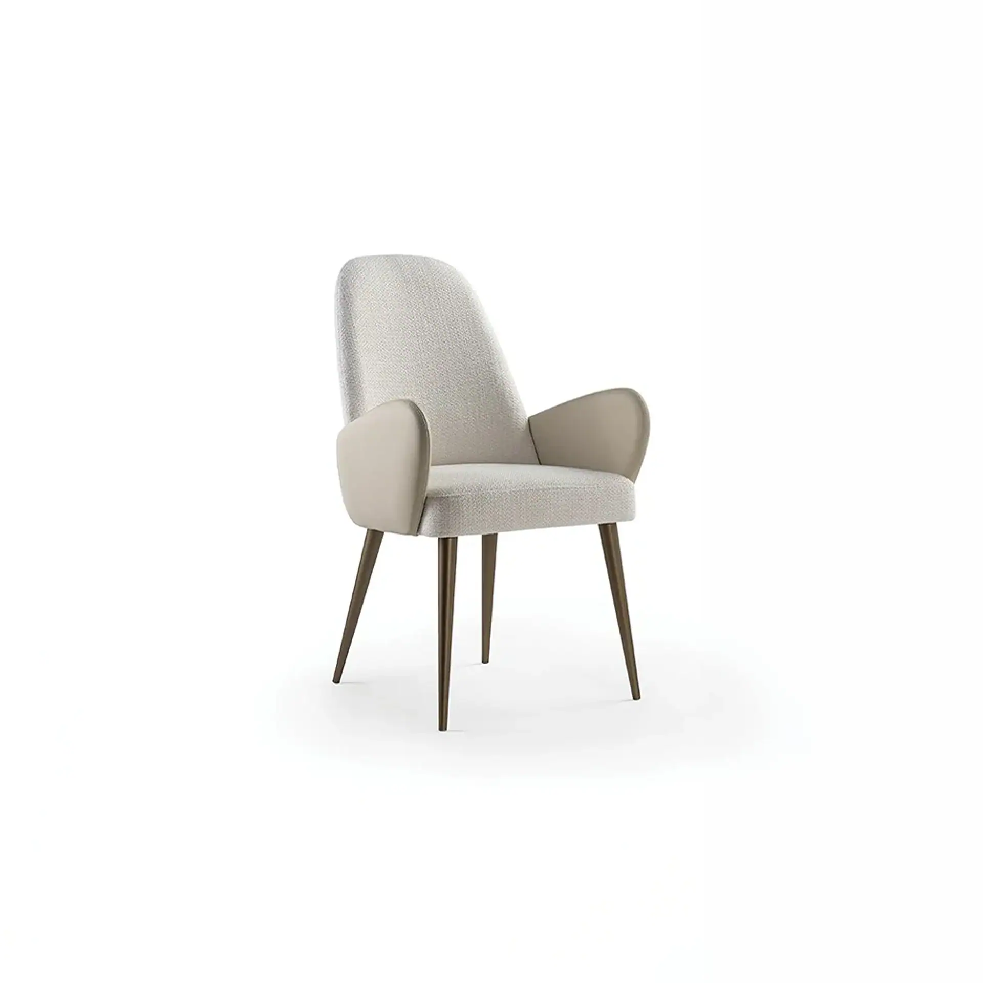 A modern armchair with light beige fabric, cream armrests, and dark brown tapered legs on a white background.