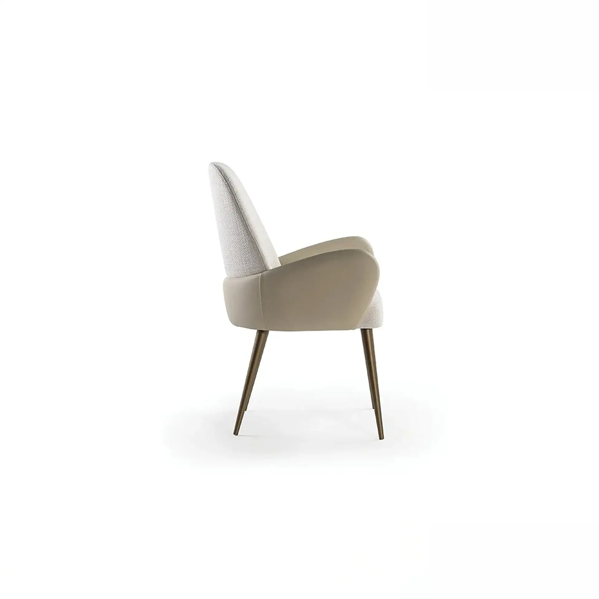 Side view of a modern armchair with a light textured fabric interior and smooth beige exterior, supported by slender bronze legs on a white background.