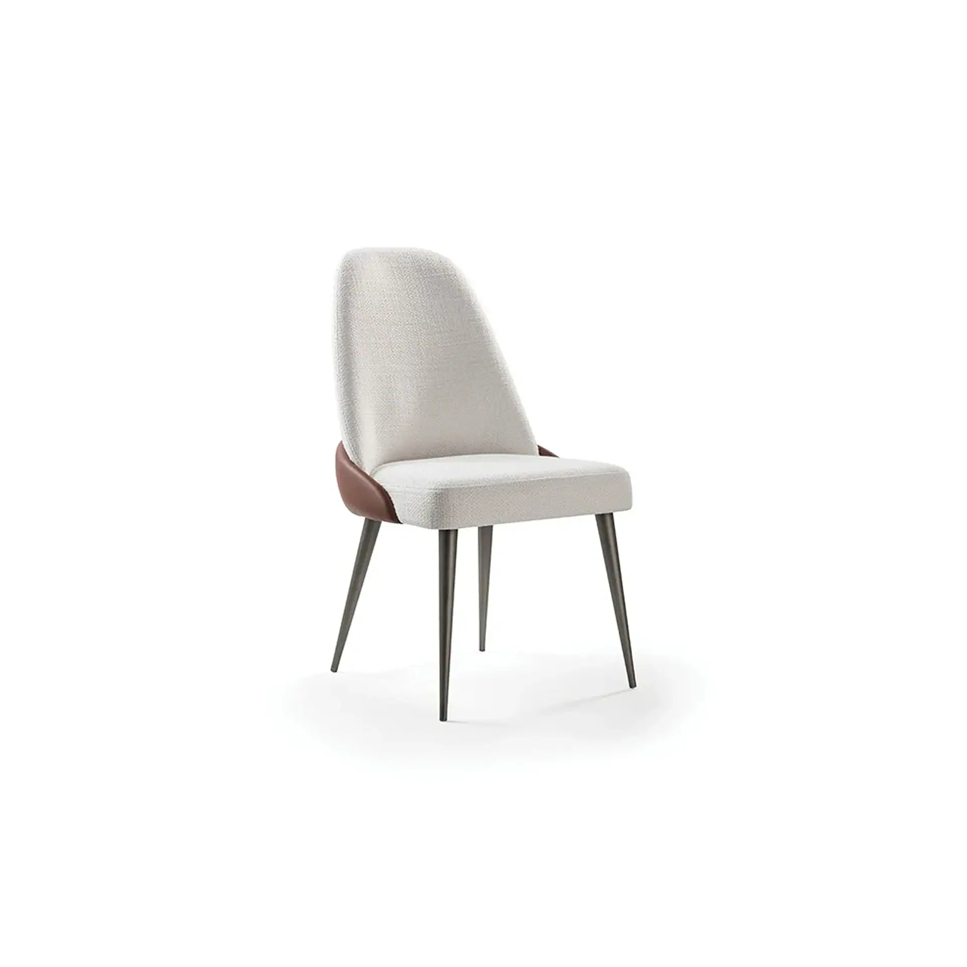 A modern dining chair with light beige fabric upholstery, brown accents, and dark metallic legs on a white background.