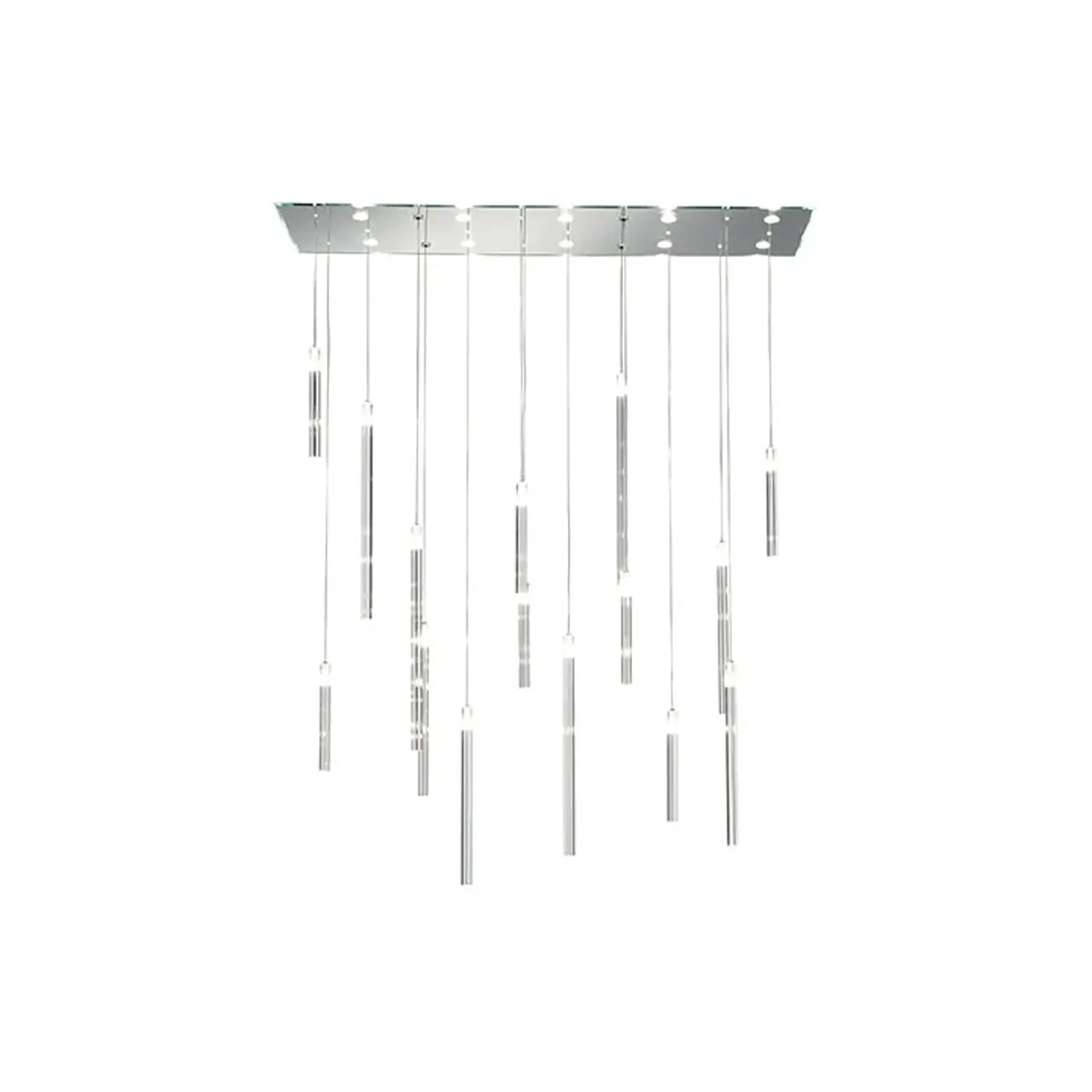 Sklar Furnishings crystal chandelier with hanging glass rods and metal base.