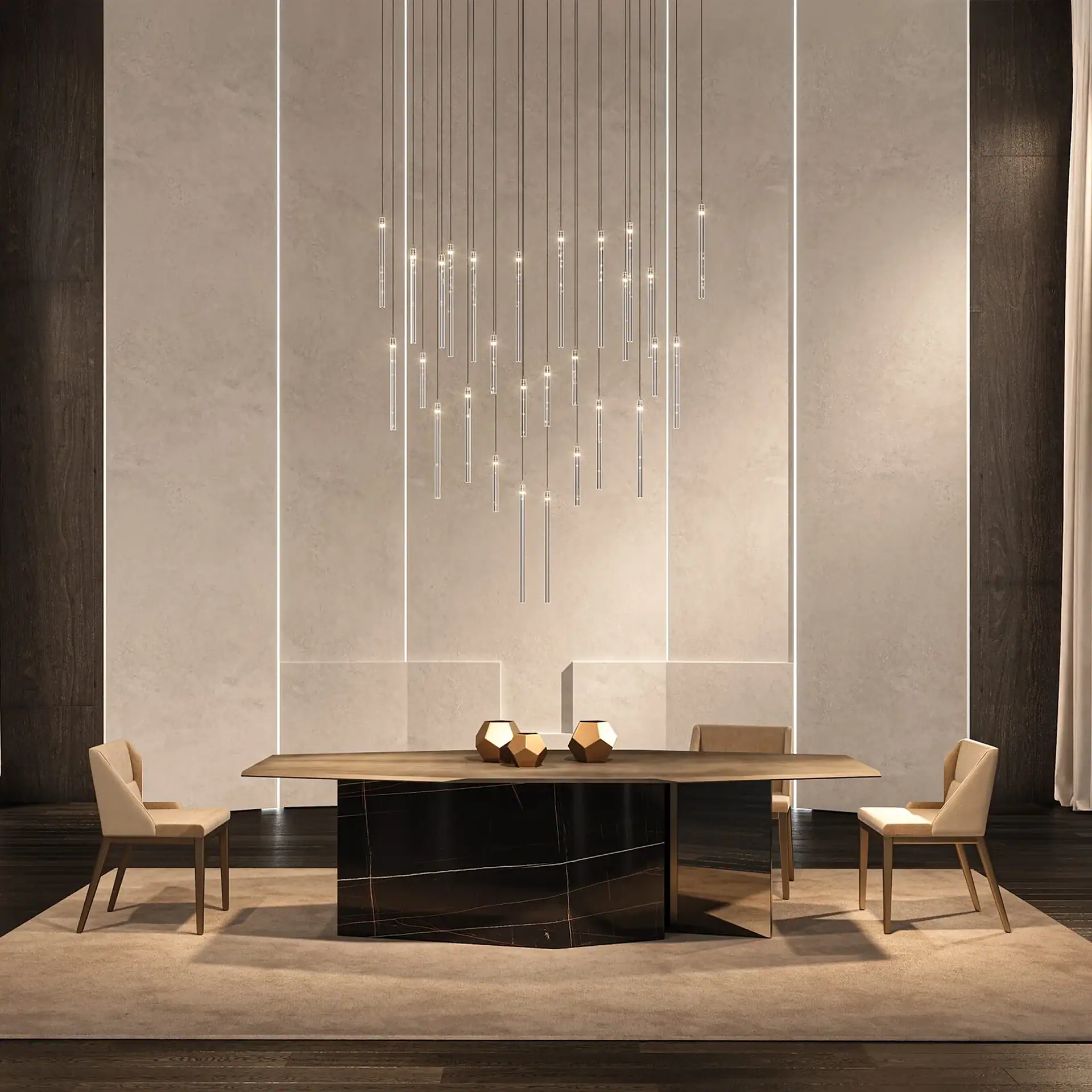 Comete Crystal Chandelier hanging above a dining table in a modern room.