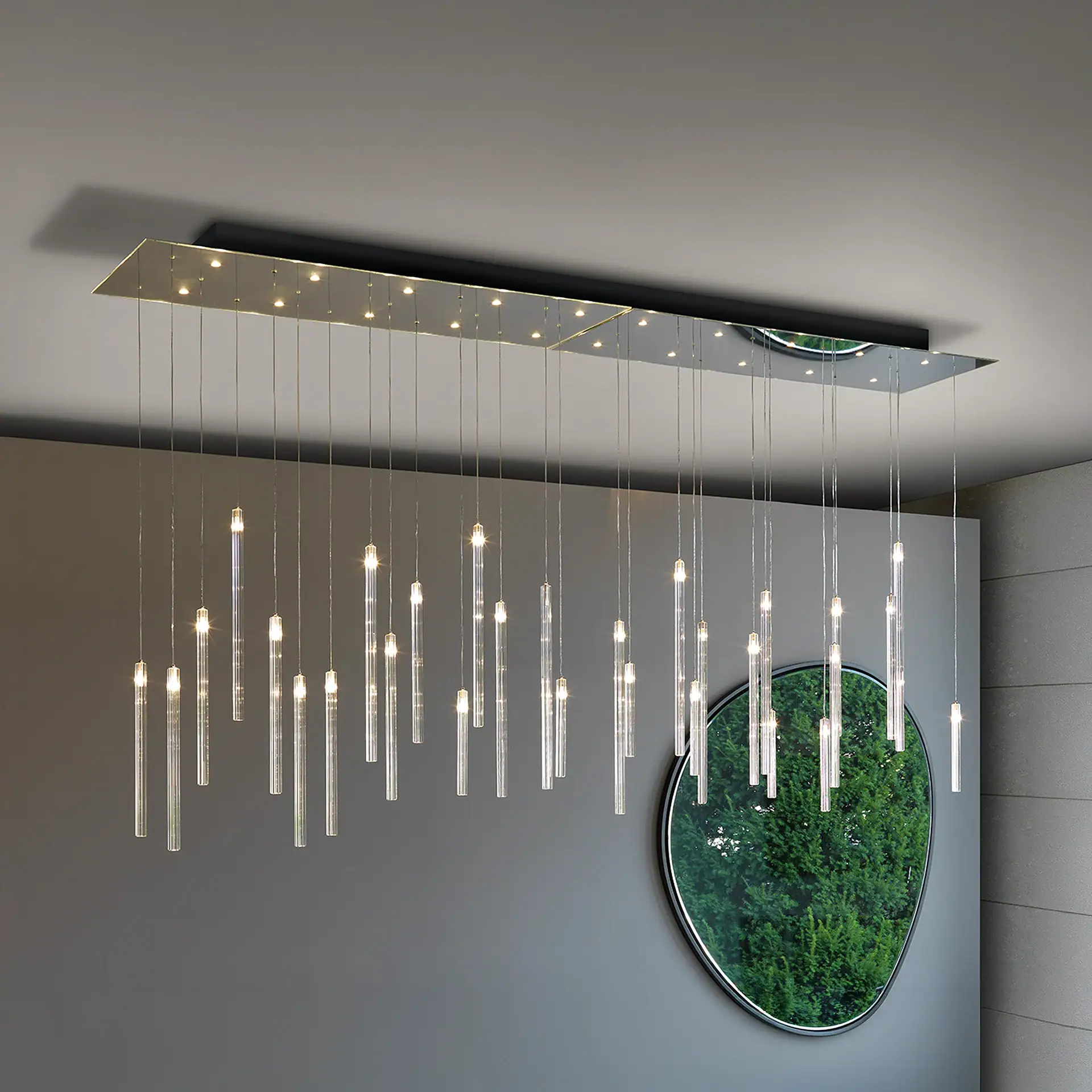 Modern LED chandelier with multiple hanging lights in a minimalist room.